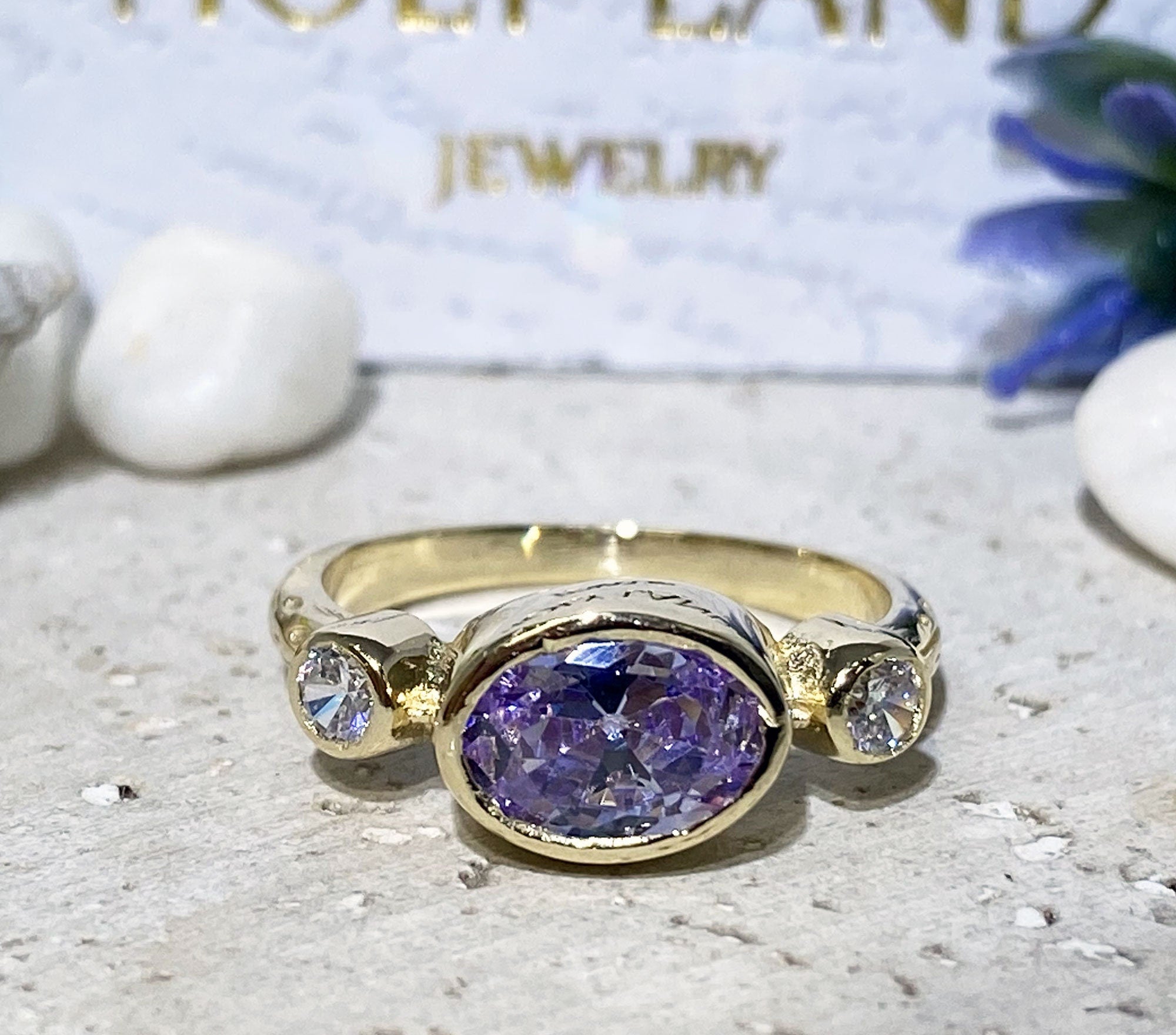 Triple Gemstones Ring - Lavender Amethyst Ring - Gemstone Ring - Gold Ring - Bezel Ring - Purple Ring