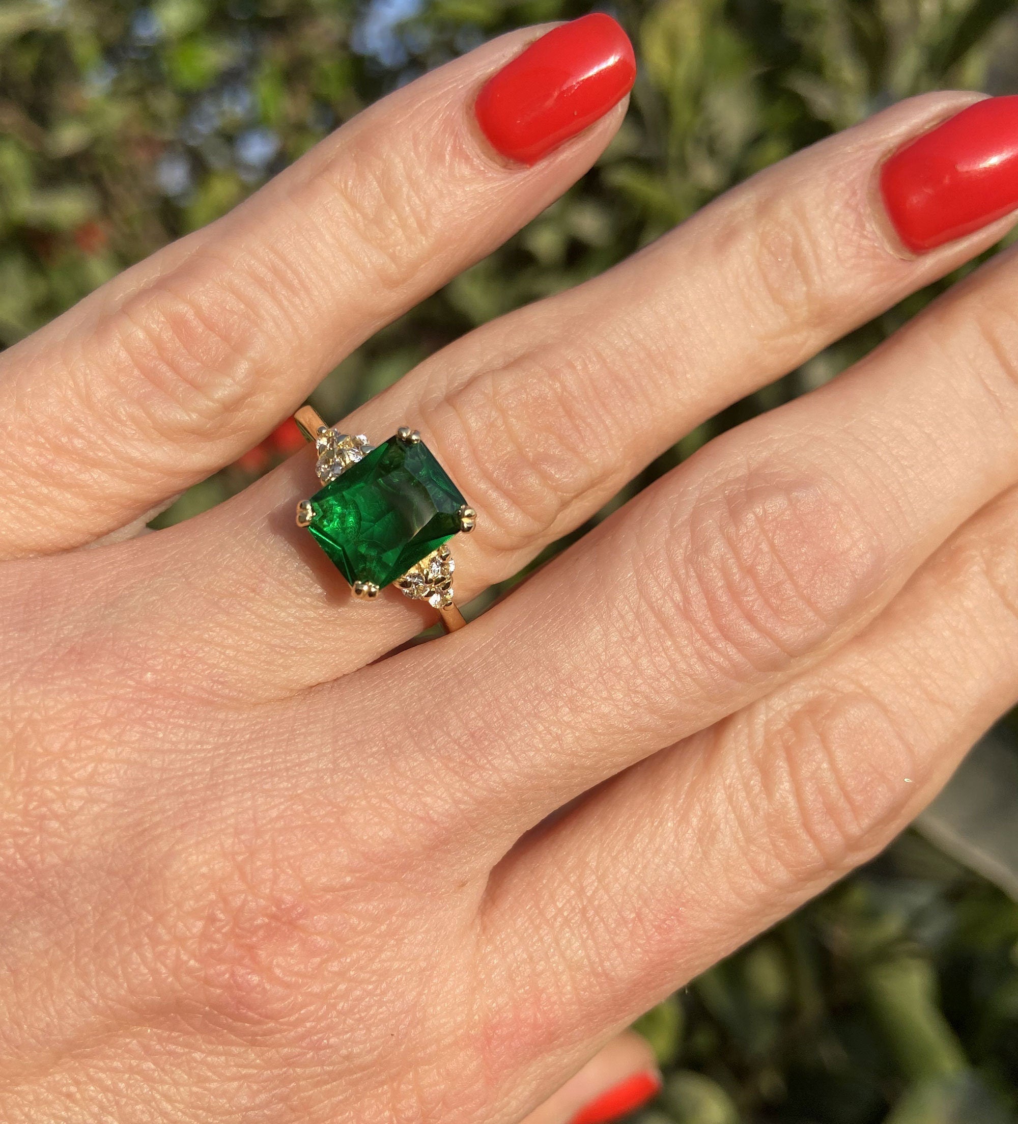 Emerald Ring - May Birthstone - Octagon Emerald Gemstone Statement Engagement Ring with Clear Quartz Accents