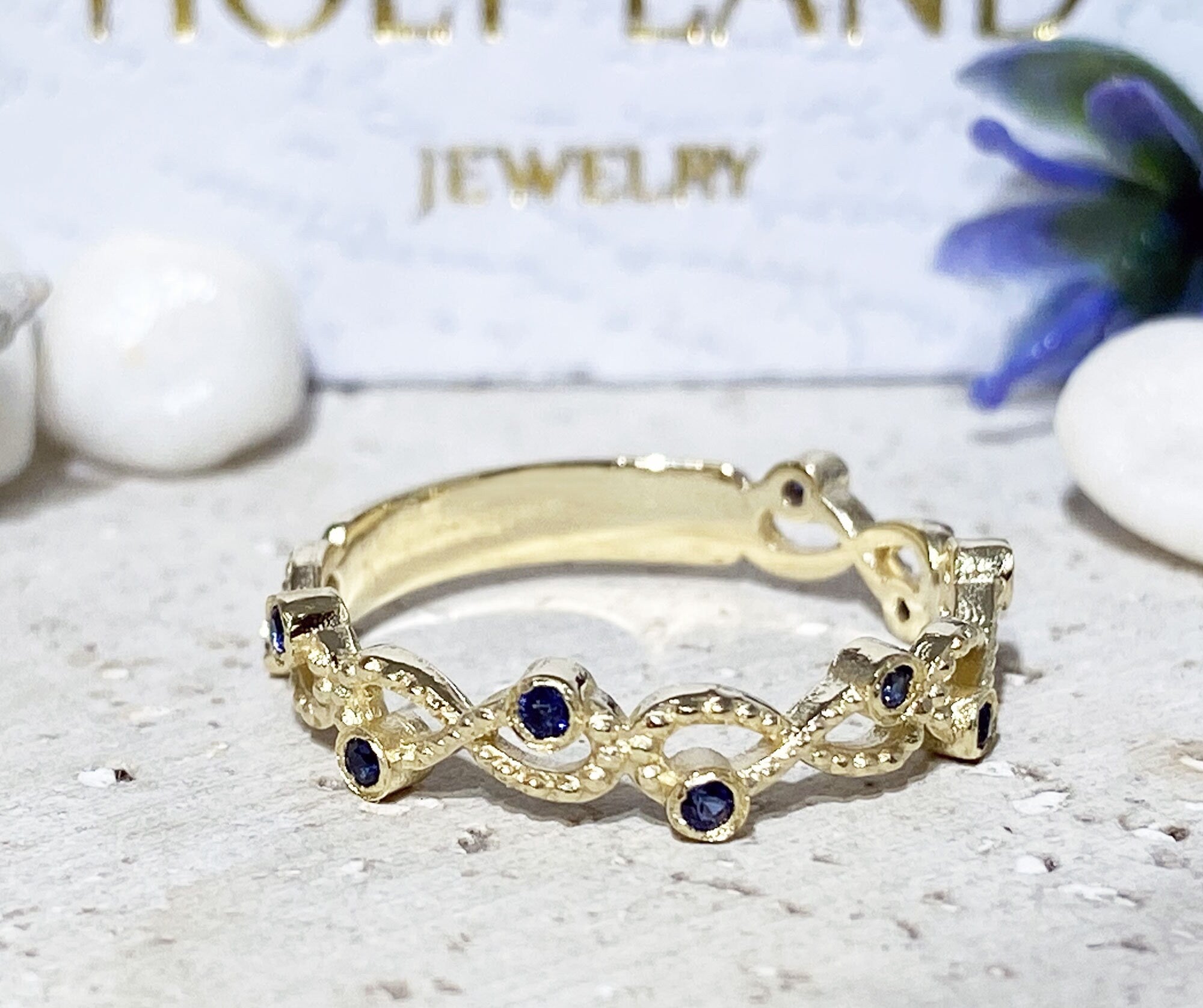 Blue Sapphire Ring - September Birthstone - Infinity Ring with Ten Small Round Blue Sapphire Gemstones