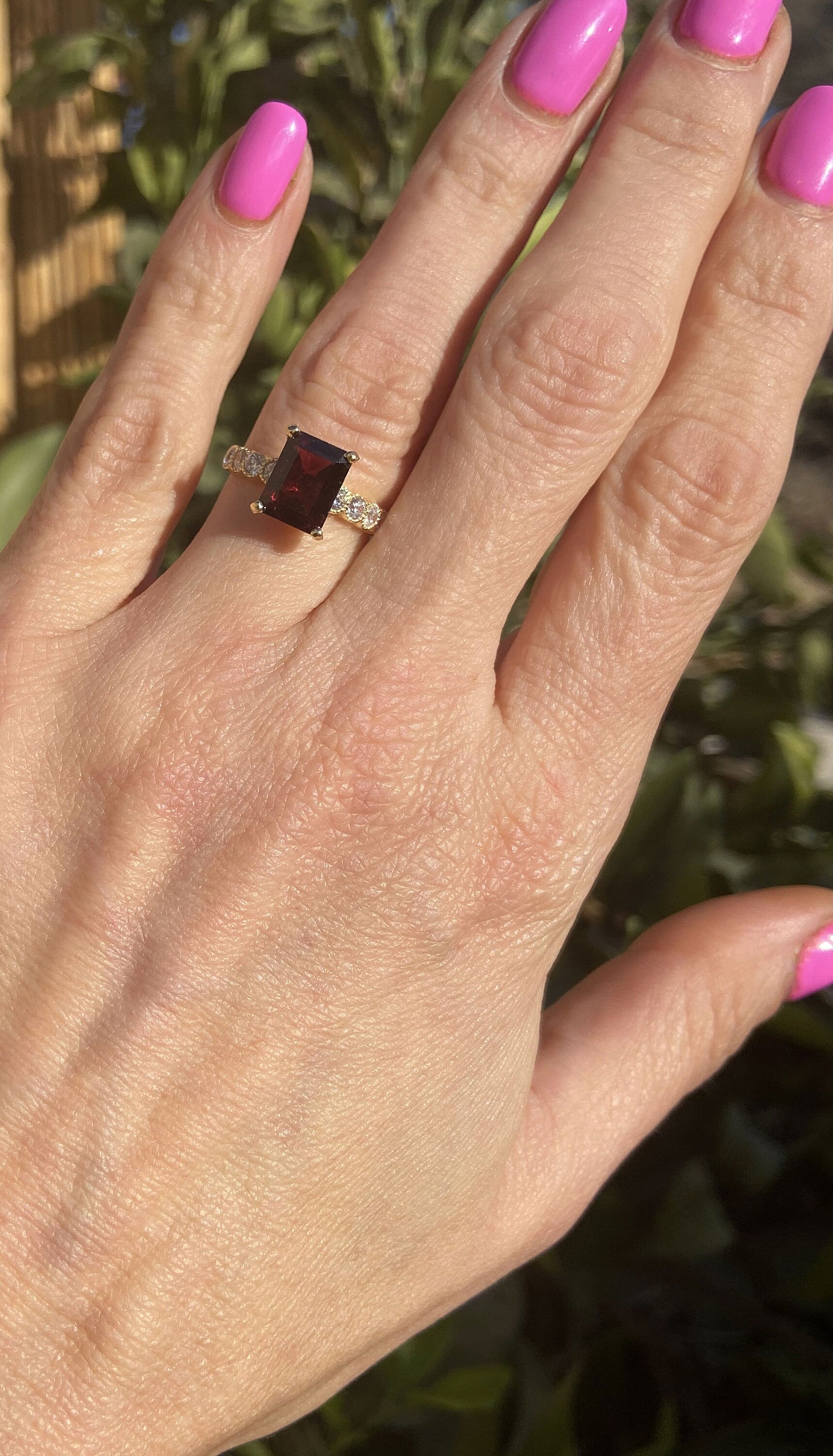 Red Garnet Ring - January Birthstone - Octagon Red Garnet Gemstone Statement Engagement Ring with Clear Quartz Accents