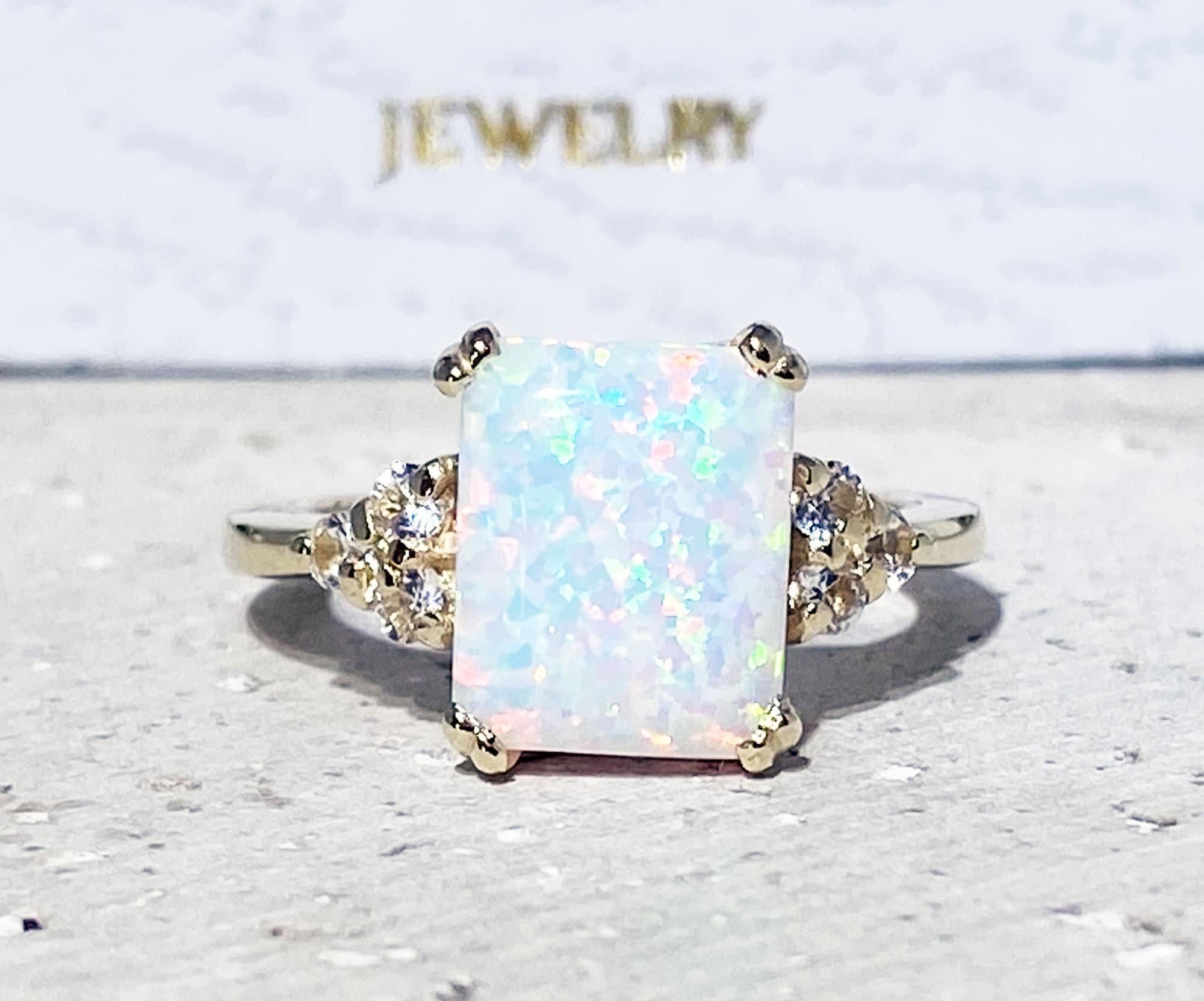 White Opal Ring - Octagon White Opal Gemstone Statement Engagement Ring with Clear Quartz Accents