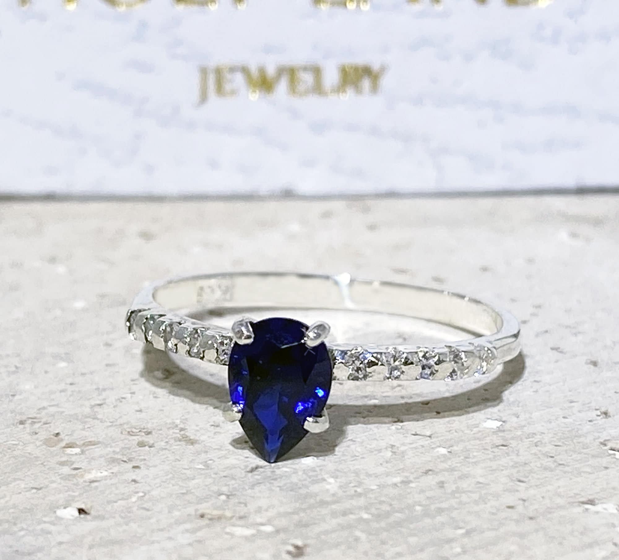 Blue Sapphire Ring - September Birthstone - Pear Shaped Blue Sapphire Gemstone Ring with Clear Quartz Accents