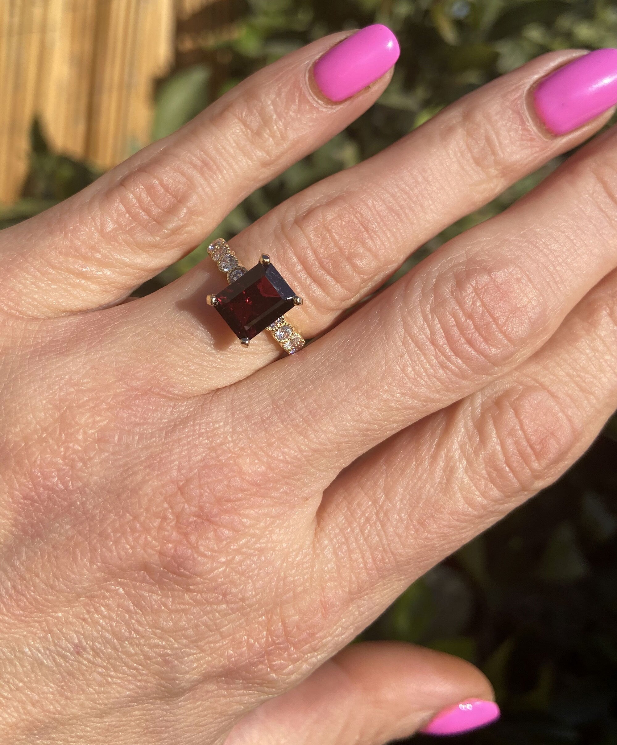 Red Garnet Ring - January Birthstone - Octagon Red Garnet Gemstone Statement Engagement Ring with Clear Quartz Accents