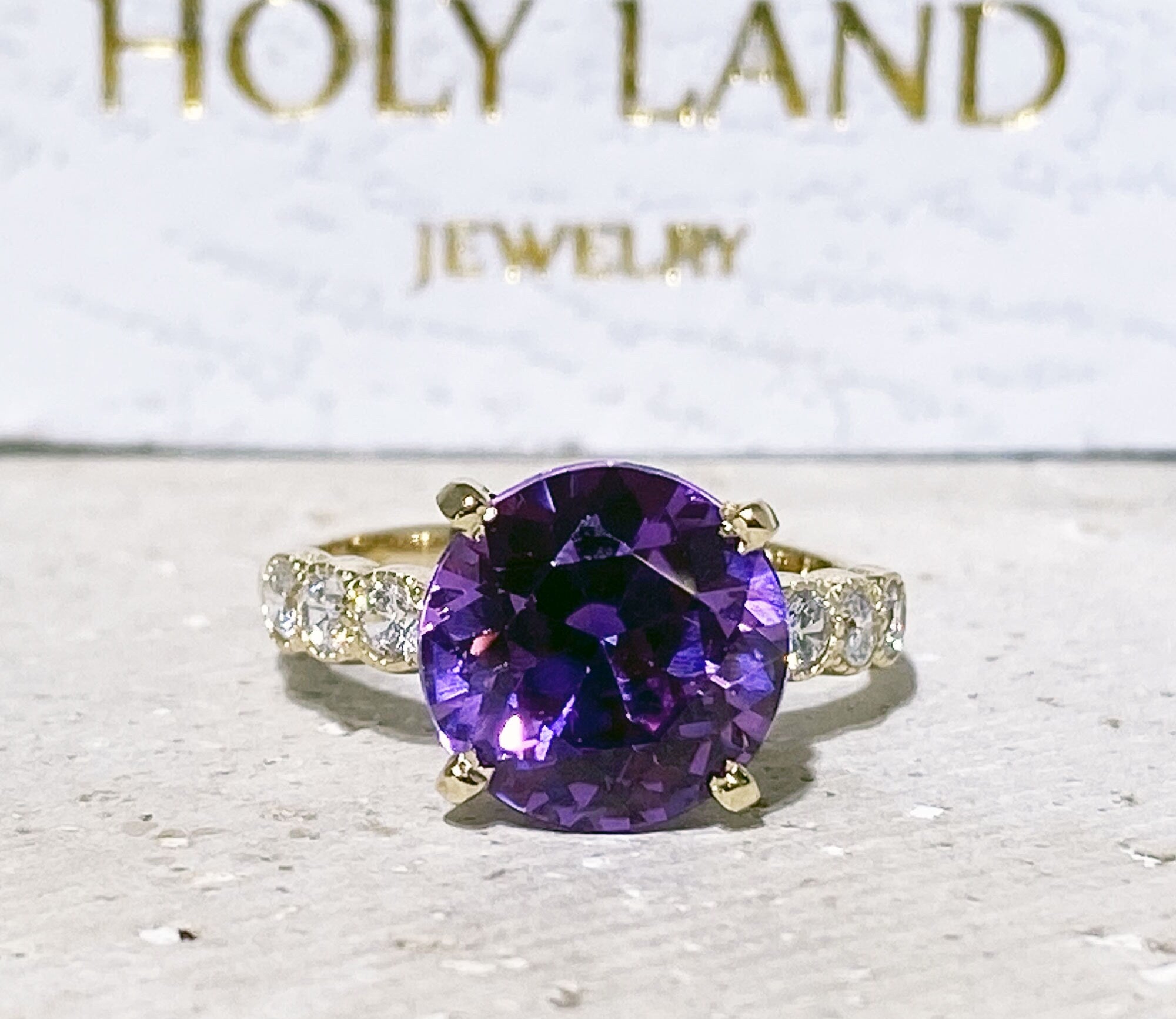 Purple Amethyst Ring - February Birthstone - Round Purple Amethyst Gemstone Statement Engagement Ring with Clear Quartz Accents