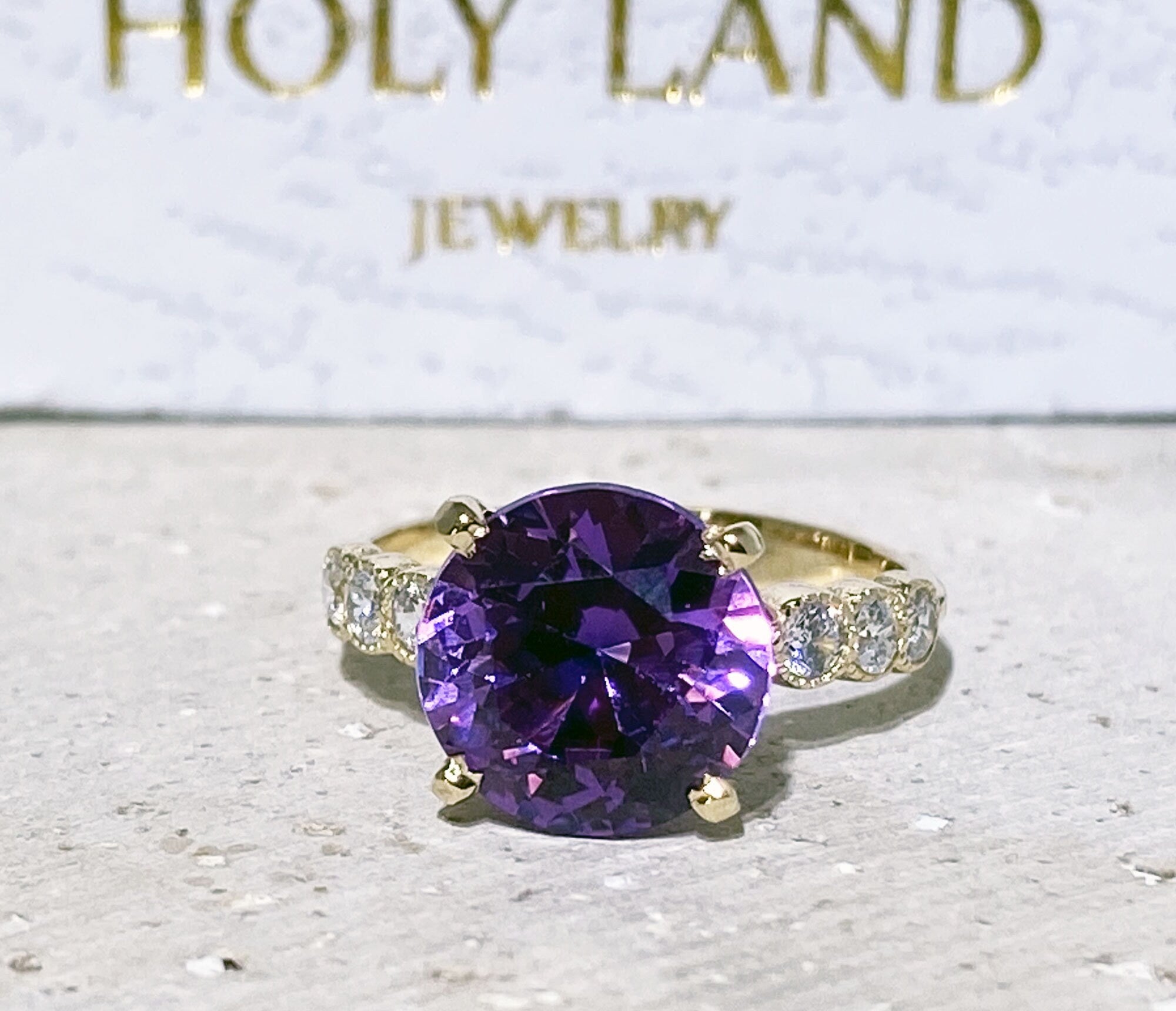 Purple Amethyst Ring - February Birthstone - Round Purple Amethyst Gemstone Statement Engagement Ring with Clear Quartz Accents