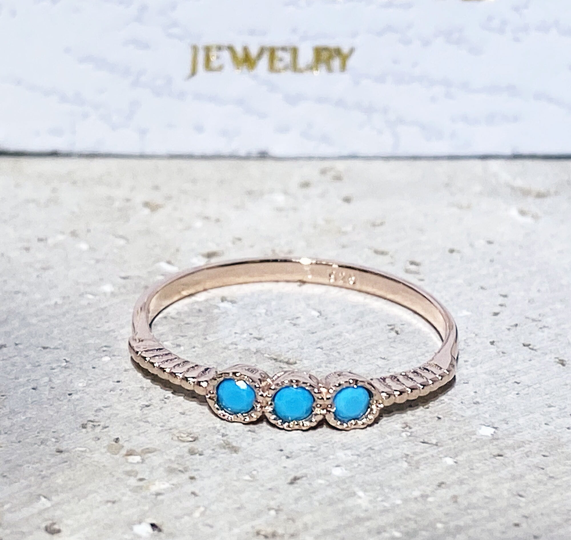 Blue Turquoise Ring - Sleeping Beauty Turquoise - December Birthstone - Three Round Blue Turquoise Gemstones Delicate Stacking Ring