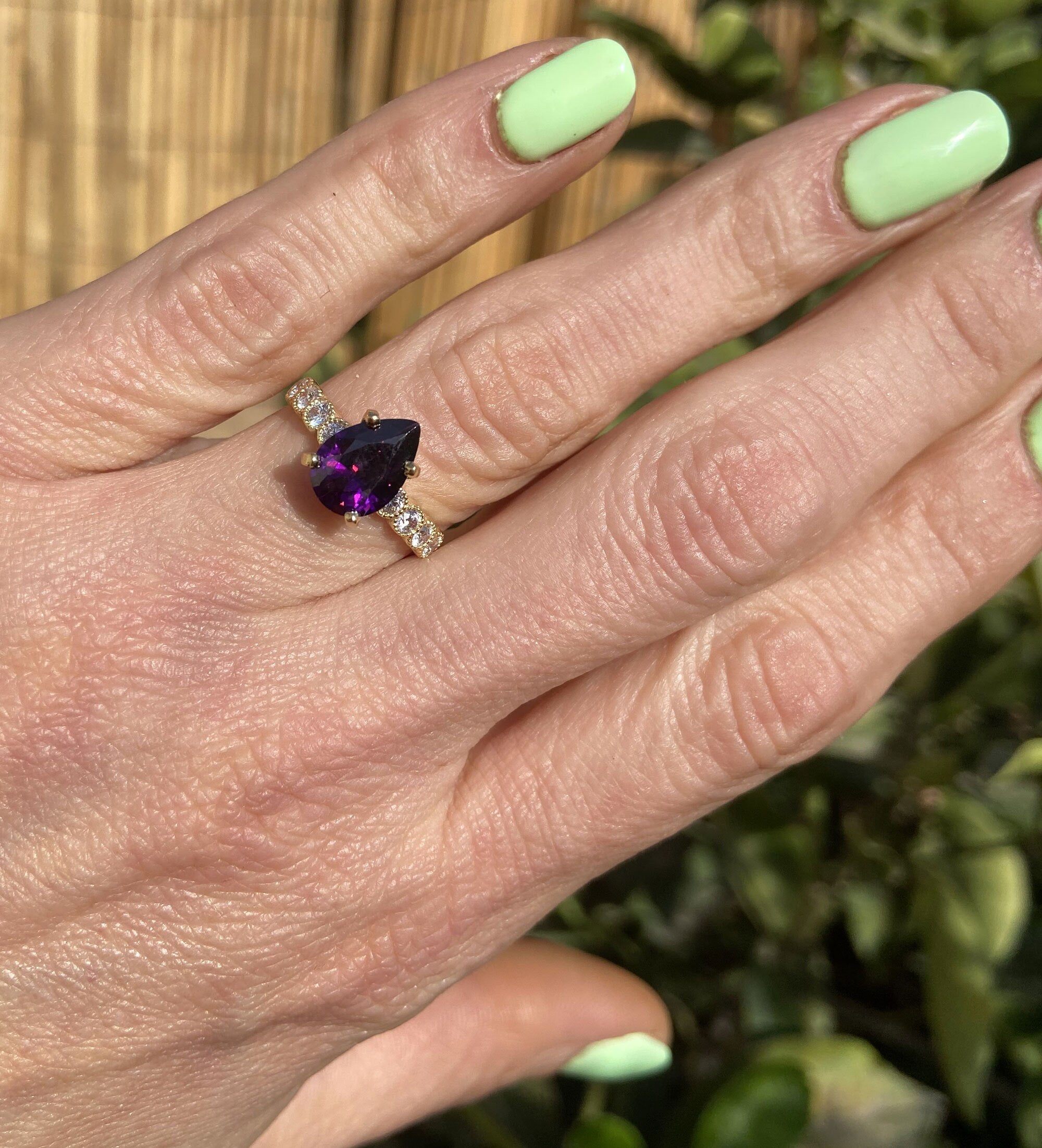 Purple Amethyst Ring - February Birthstone - Pear-Shaped Purple Amethyst Gemstone Statement Engagement Ring with Clear Quartz Accents