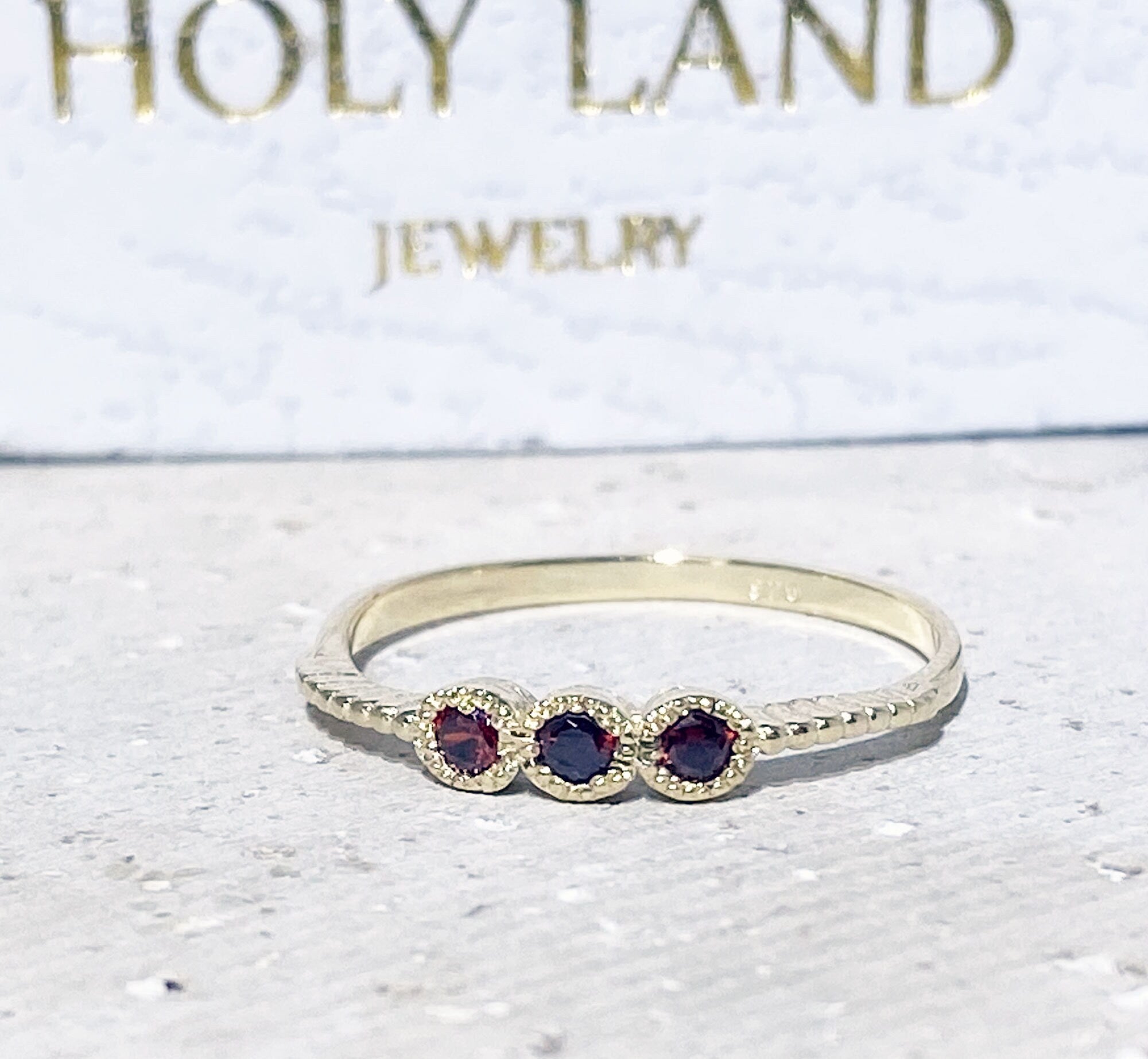 Red Garnet Ring - January Birthstone - Three Round Red Garnet Gemstones Delicate Stacking Ring