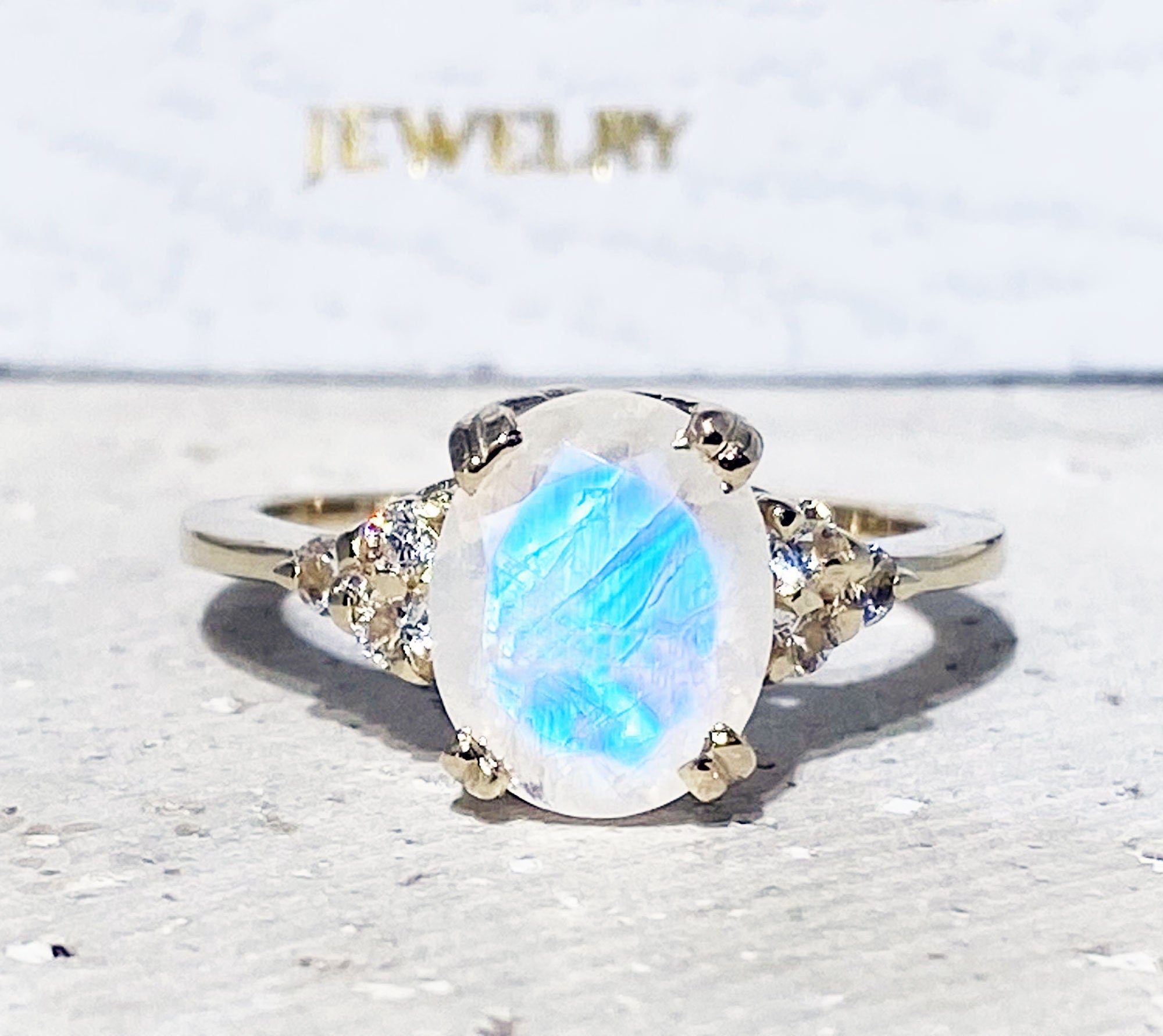 Rainbow Moonstone Ring - June Birthstone - Statement Ring - Gold Ring - Engagement Ring - Oval Ring - Cocktail Ring - Prong Ring