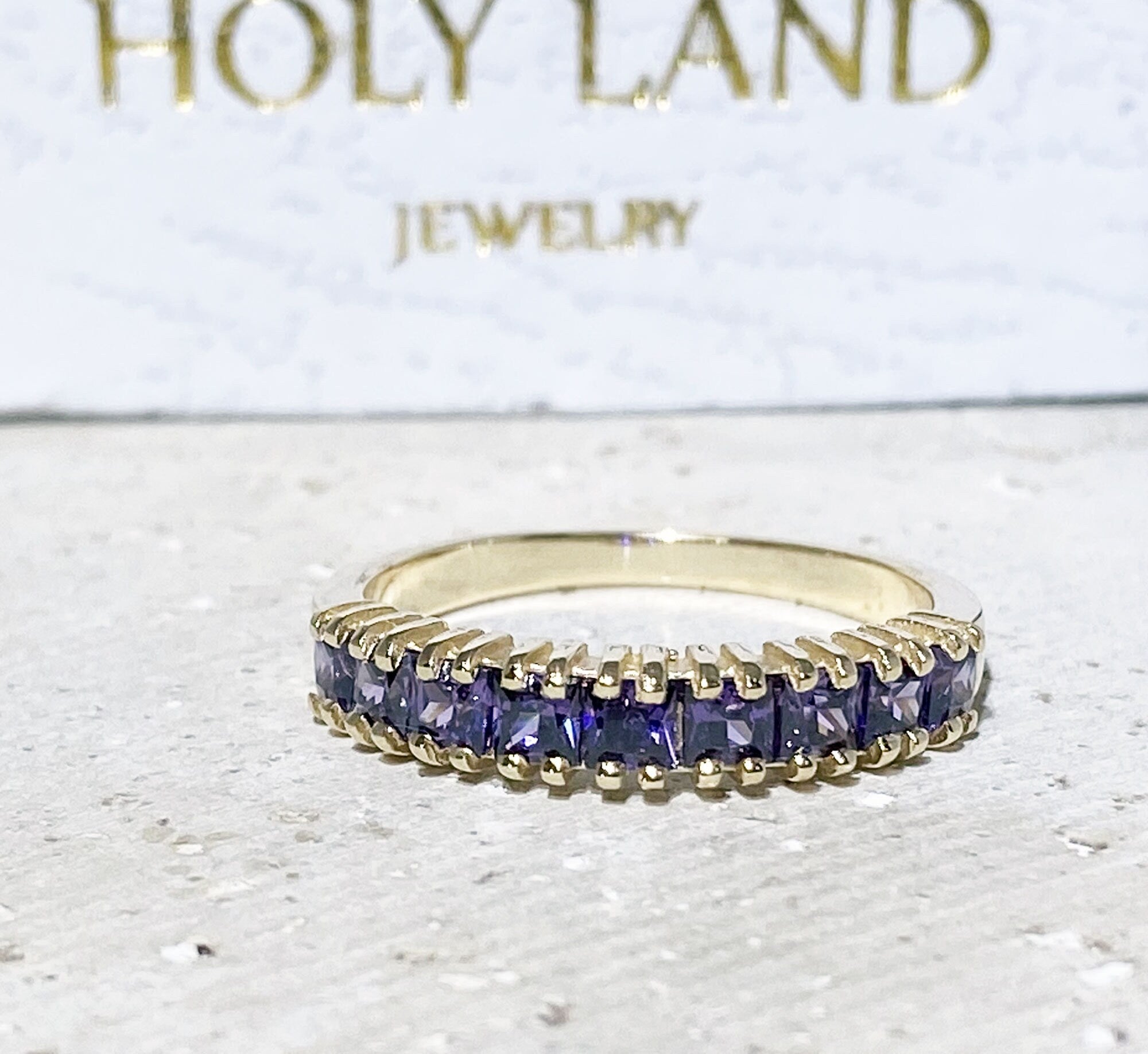 Purple Amethyst Ring - February Birthstone - Stacking Ring with Nine Square Purple Amethyst Stones