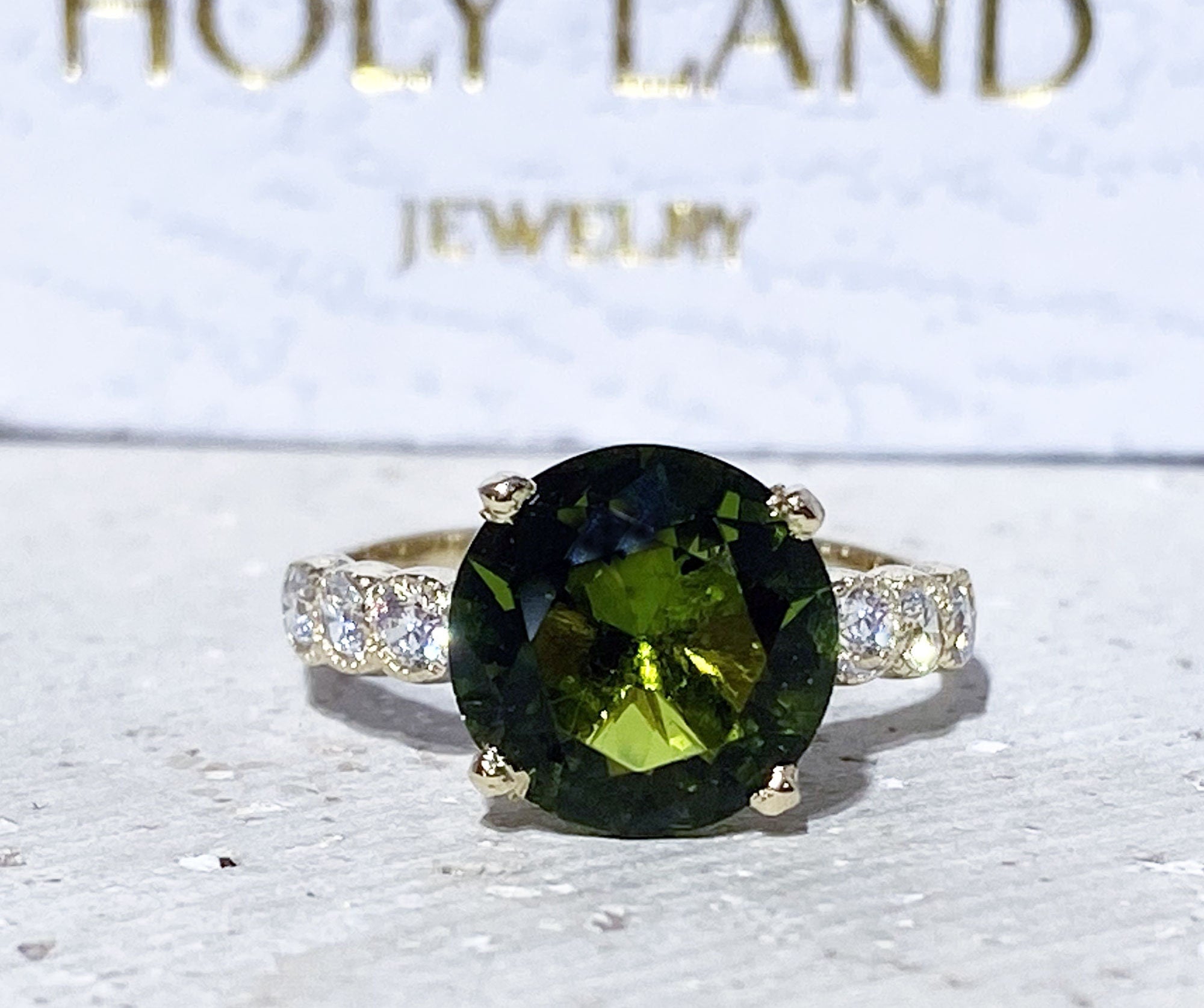 Peridot Ring - August Birthstone - Statement Engagement Ring with Round Peridot Gemstone and Clear Quartz Accents