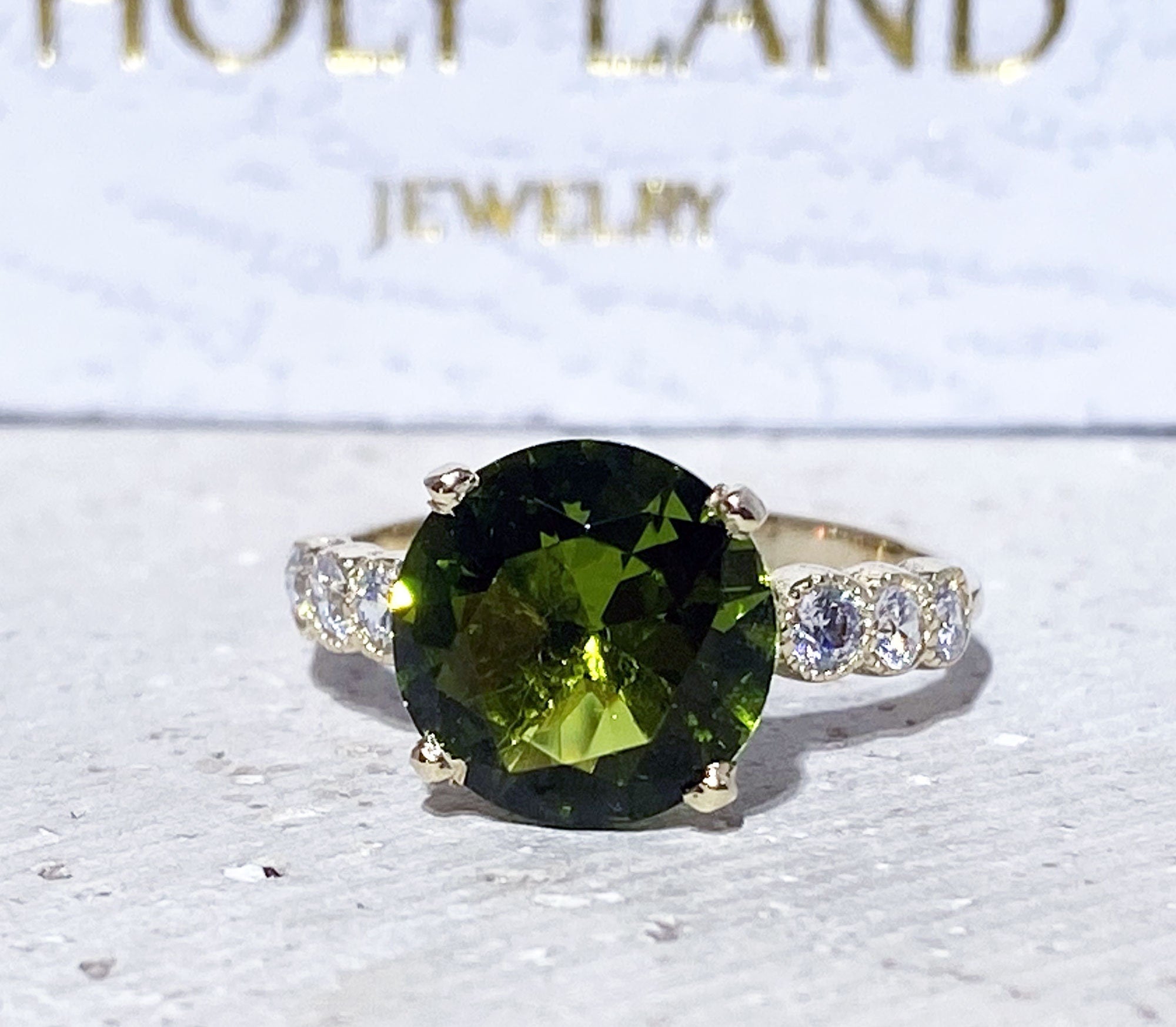 Peridot Ring - August Birthstone - Statement Engagement Ring with Round Peridot Gemstone and Clear Quartz Accents