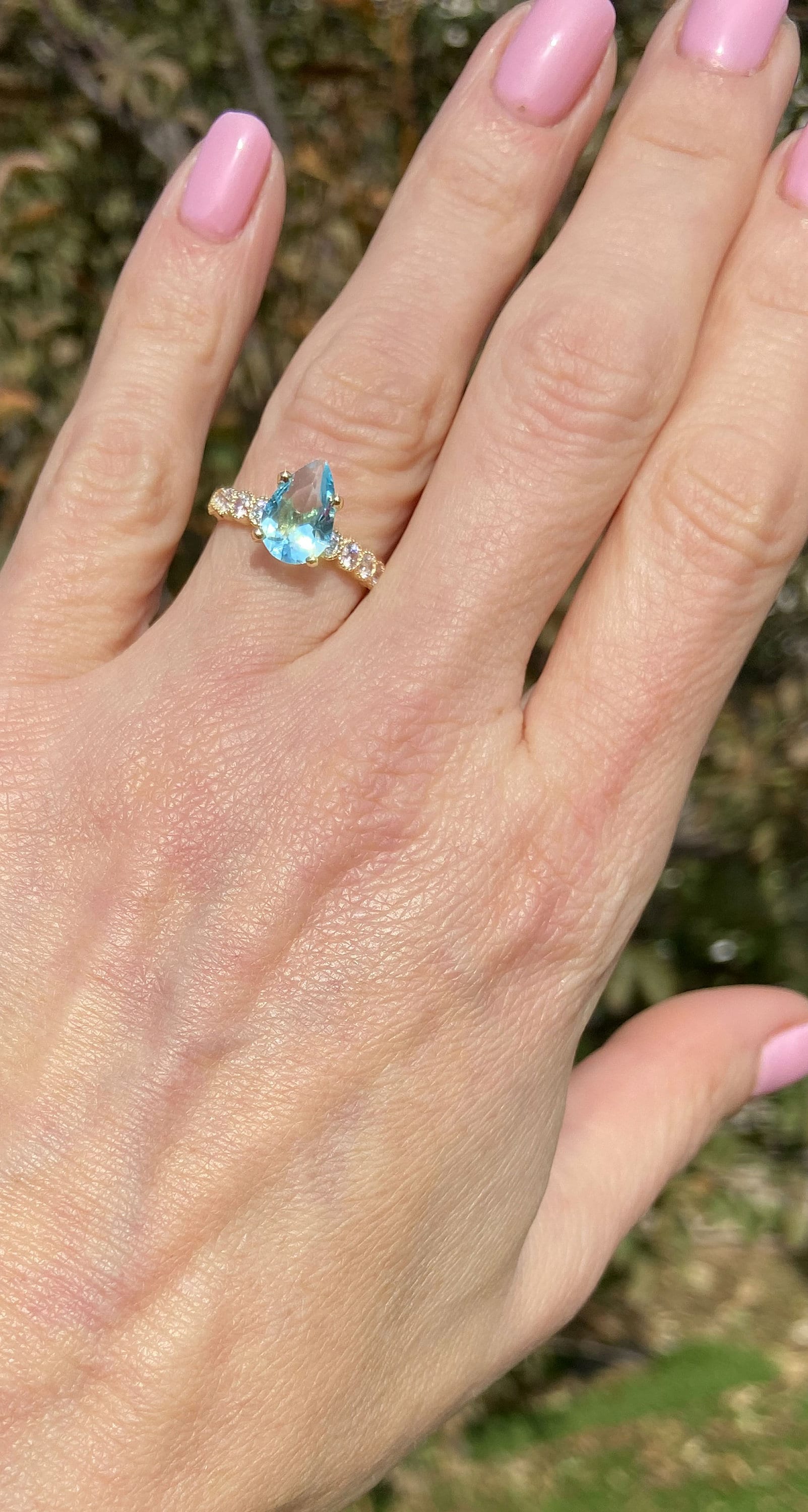 Aquamarine Ring - March Birthstone - Statement Engagement Ring with Pear-Shaped Aquamarine Gemstone and Clear Quartz Accents