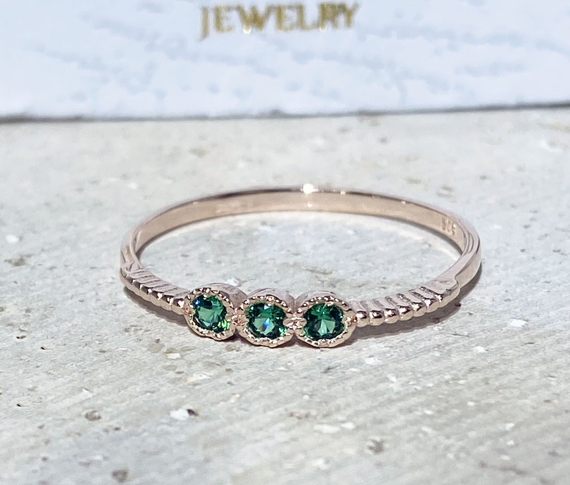 Emerald Ring - May Birthstone - Three Round Emerald Gemstones Delicate Stacking Ring