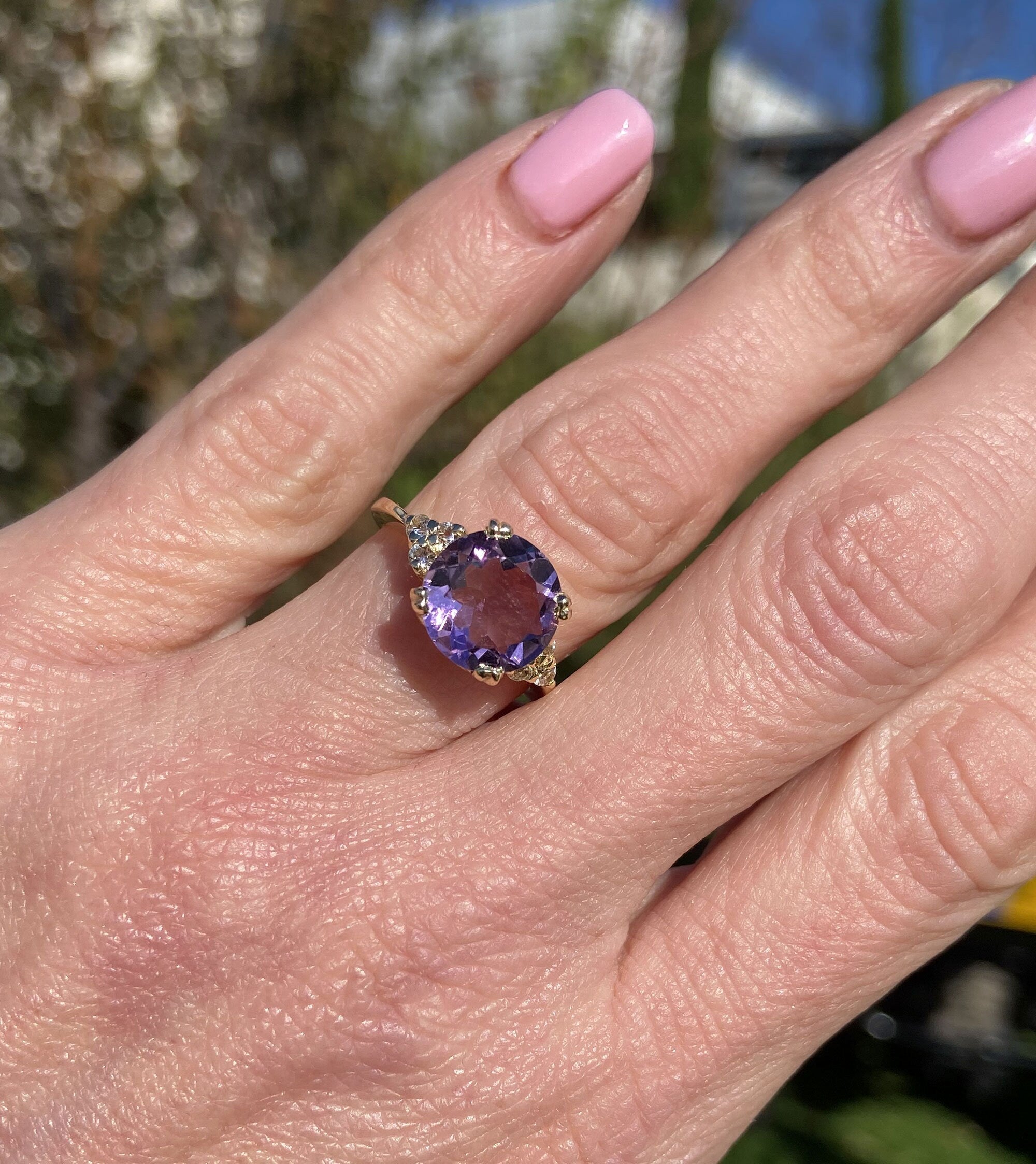 Purple Amethyst Ring - February Birthstone - Statement Ring - Gold Ring - Engagement Ring - Round Ring - Prong Ring - Cocktail Ring