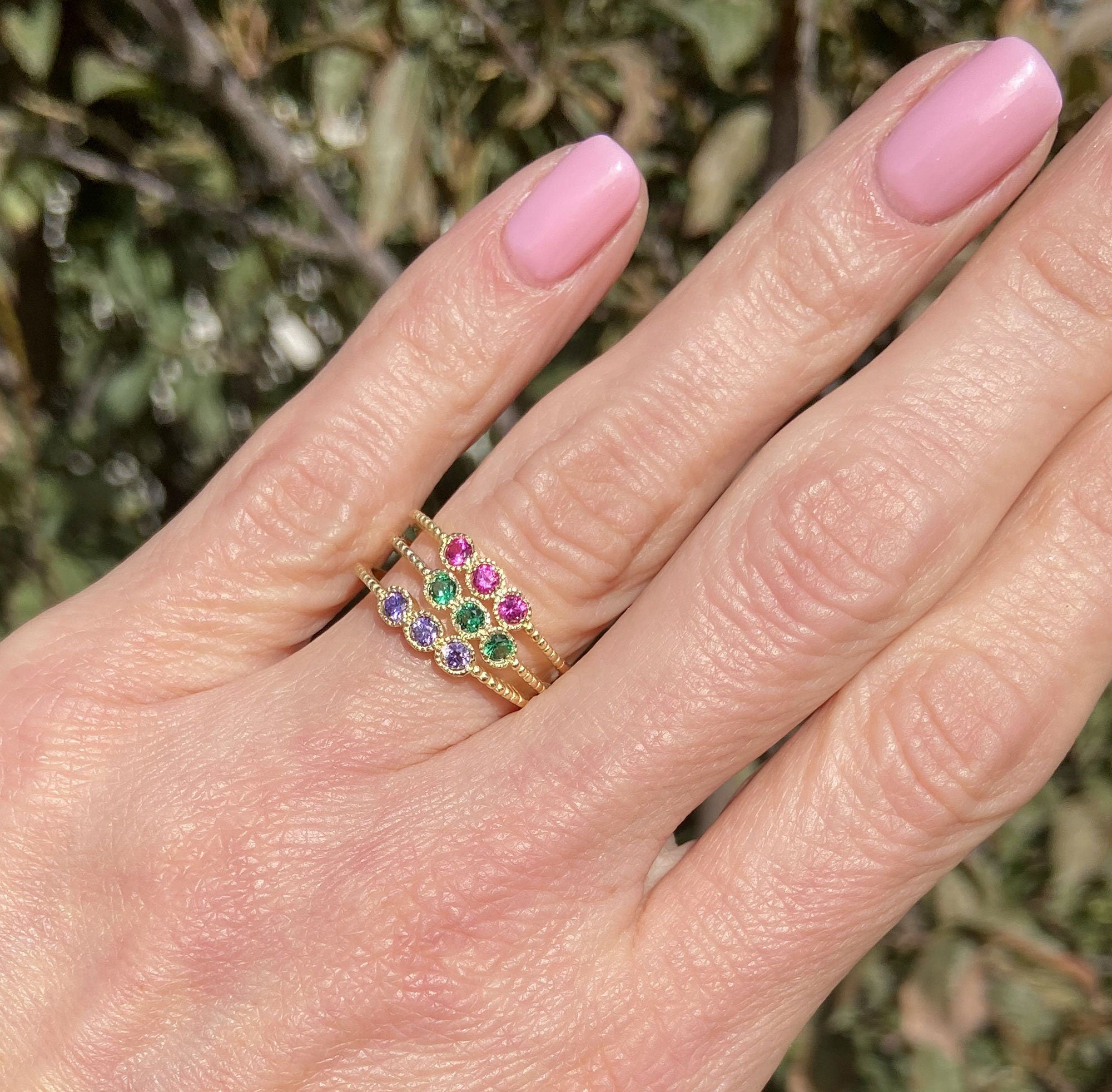 Citrine Ring - November Birthstone - Three Round Citrine Gemstones Delicate Stacking Ring