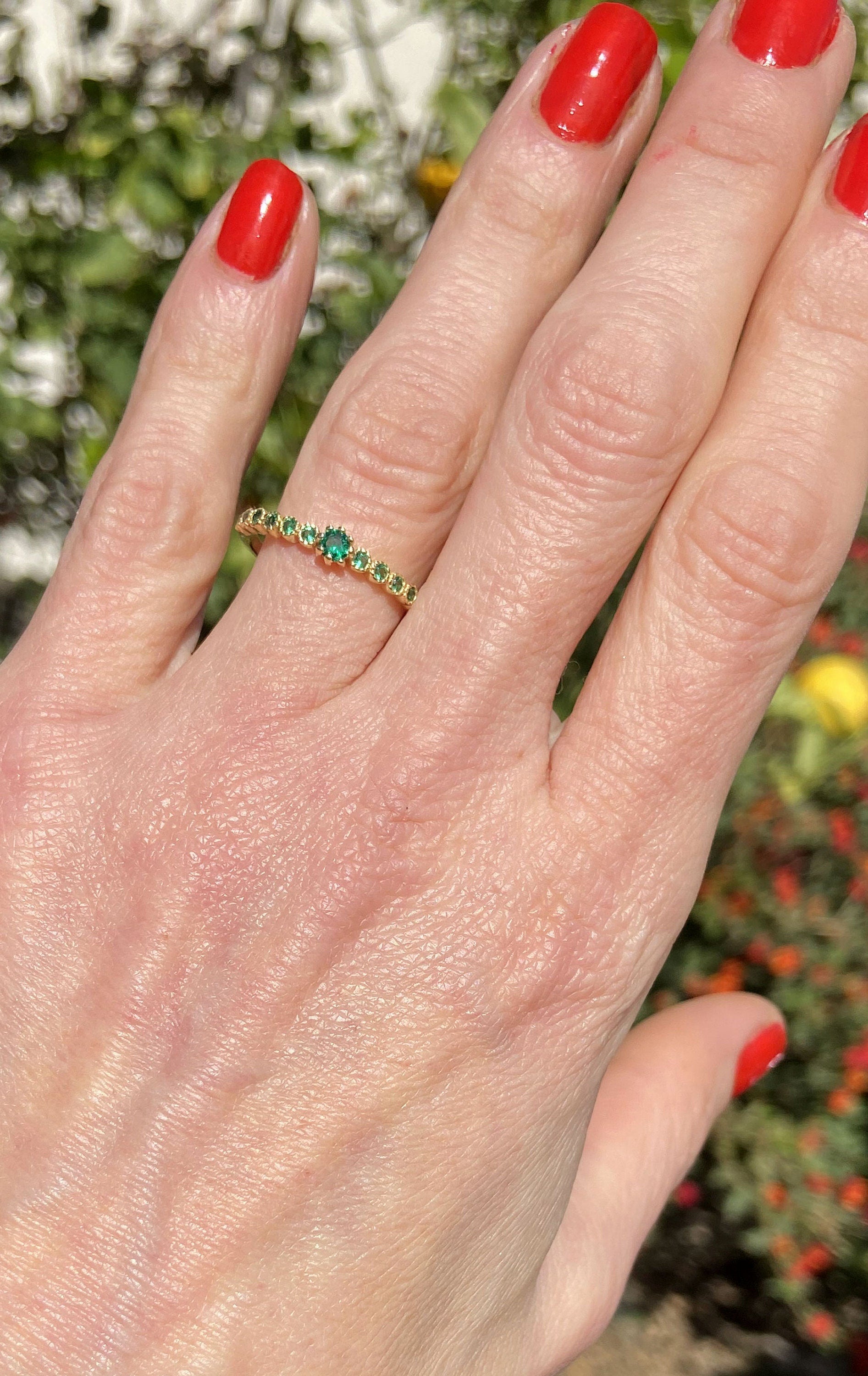 Emerald Ring - May Birthstone Jewelry - Delicate Stacking Half Eternity Ring with Thirteen Round Emerald Gemstones