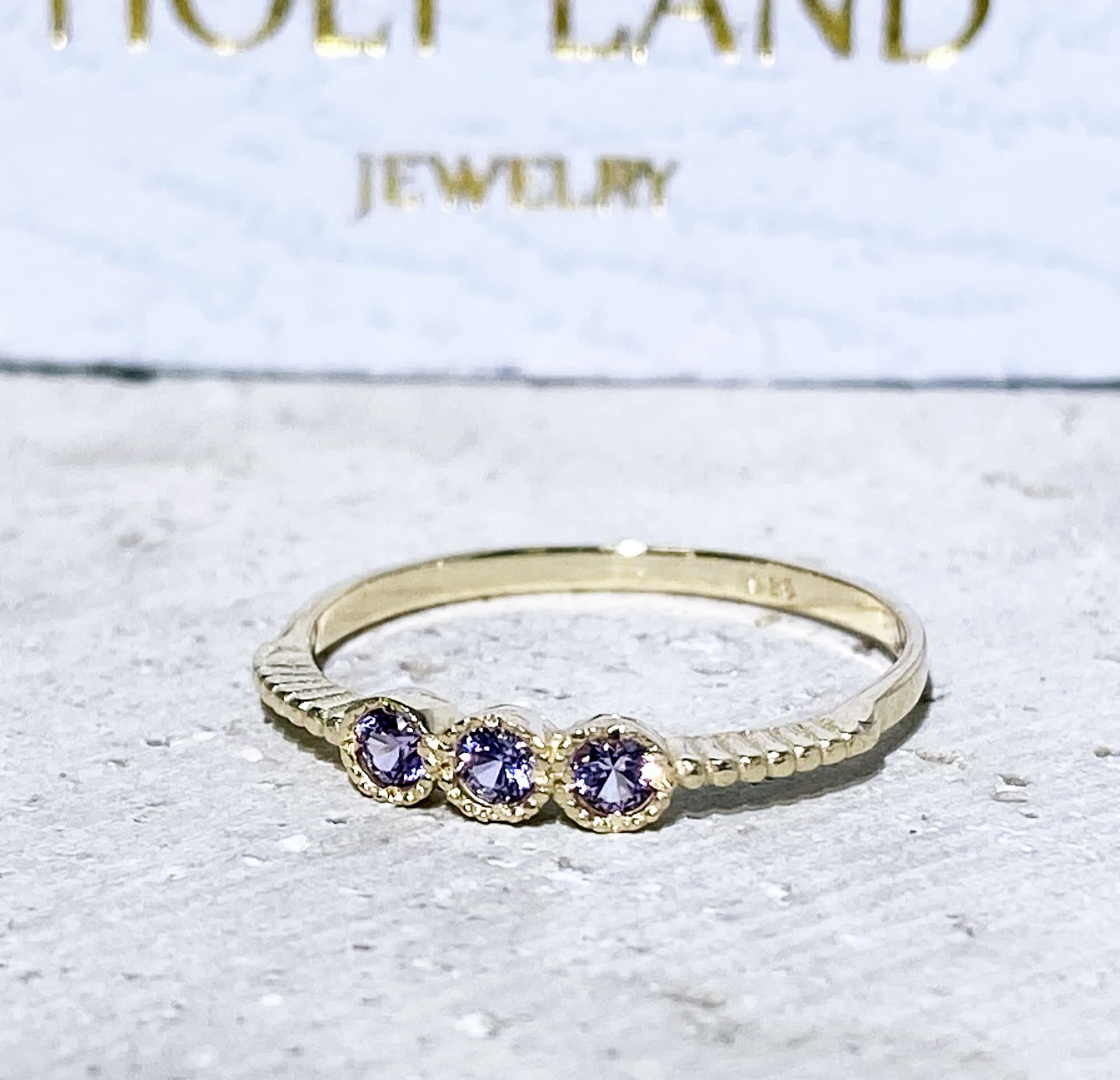 Alexandrite Ring - June Birthstone - Three Round Alexandrite Gemstones Delicate Stacking Ring