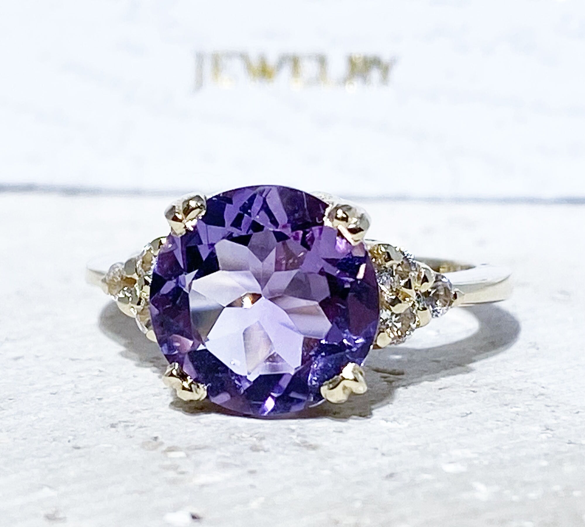 Purple Amethyst Ring - February Birthstone - Statement Ring - Gold Ring - Engagement Ring - Round Ring - Prong Ring - Cocktail Ring