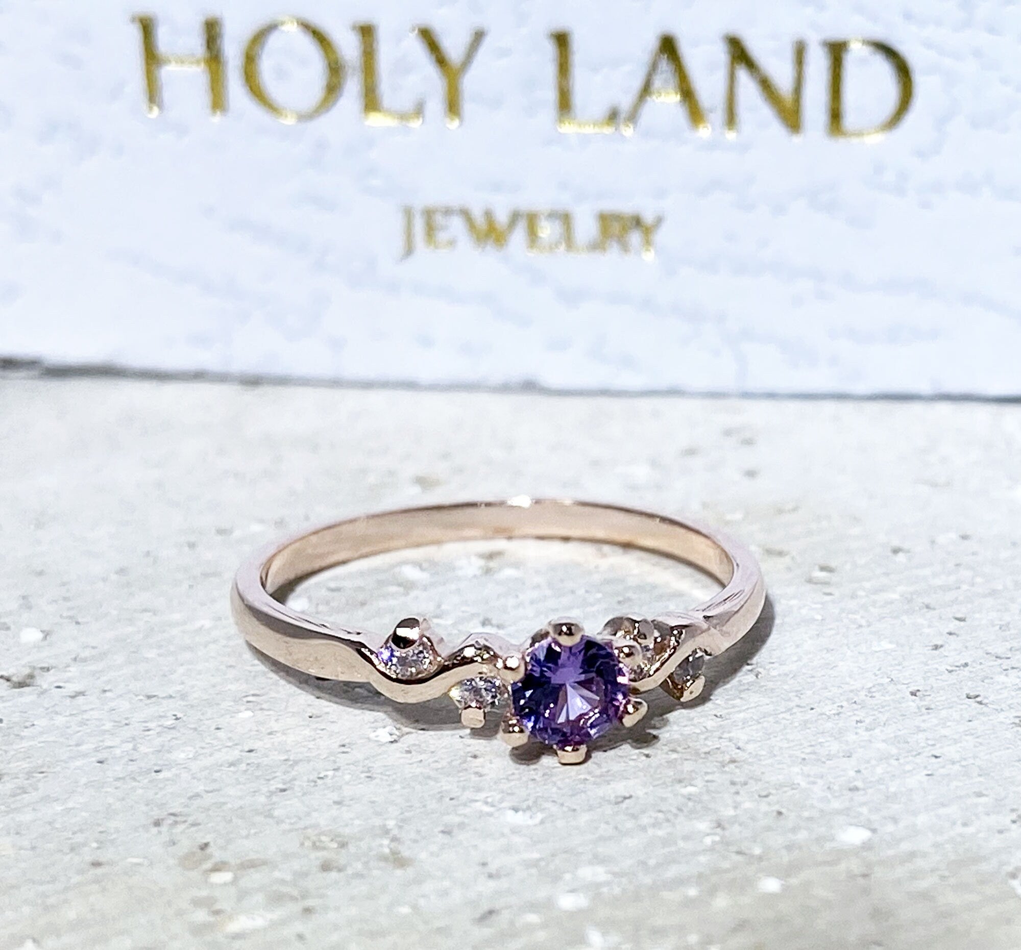 Alexandrite Ring - June Birthstone - Tiny Delicate Ring with Round Alexandrite Gemstone and Clear Quartz Accents