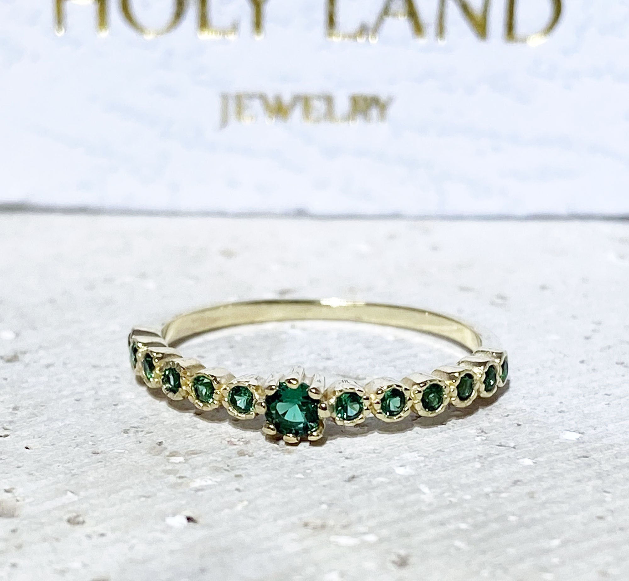 Emerald Ring - May Birthstone Jewelry - Delicate Stacking Half Eternity Ring with Thirteen Round Emerald Gemstones