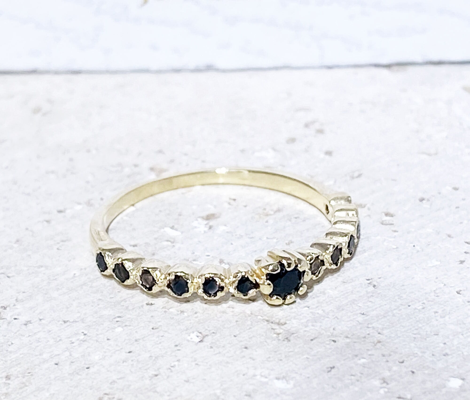 Black Onyx Ring - December Birthstone - Delicate Stacking Ring with Thirteen Round Black Onyx Gemstones