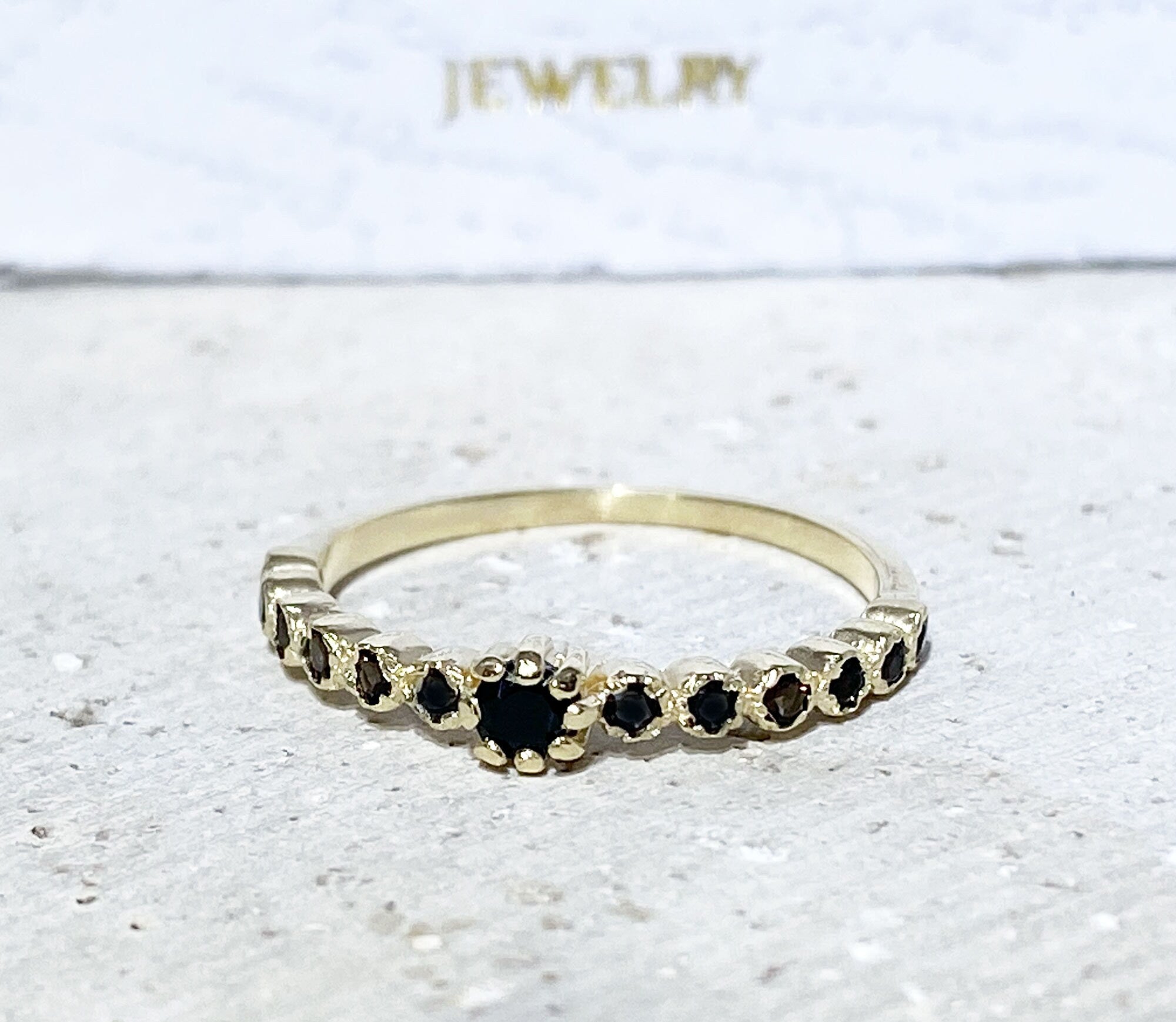 Black Onyx Ring - December Birthstone - Delicate Stacking Ring with Thirteen Round Black Onyx Gemstones