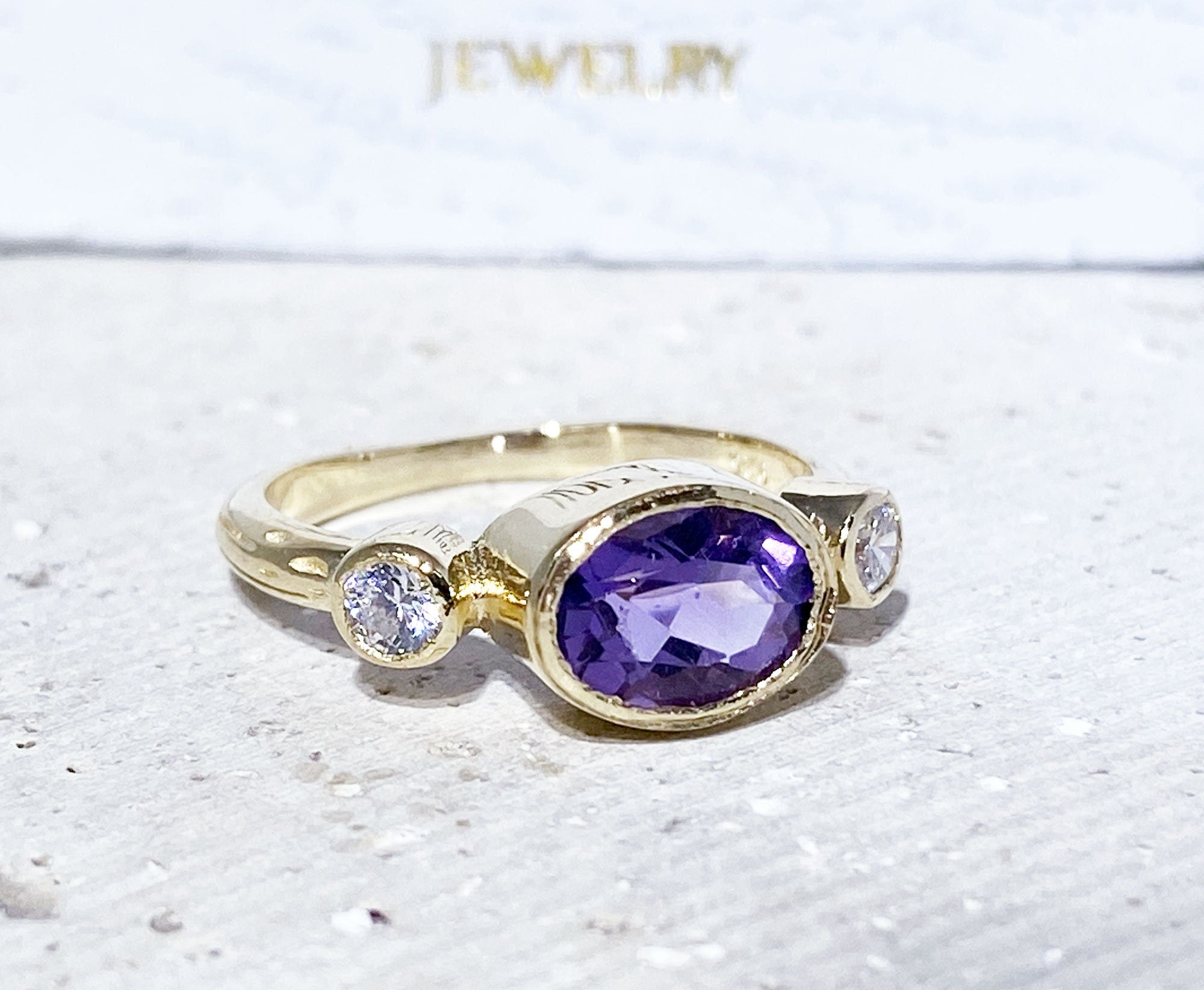 Amethyst Ring - February Birthstone - Oval Amethyst Ring with Clear Quartz Accents