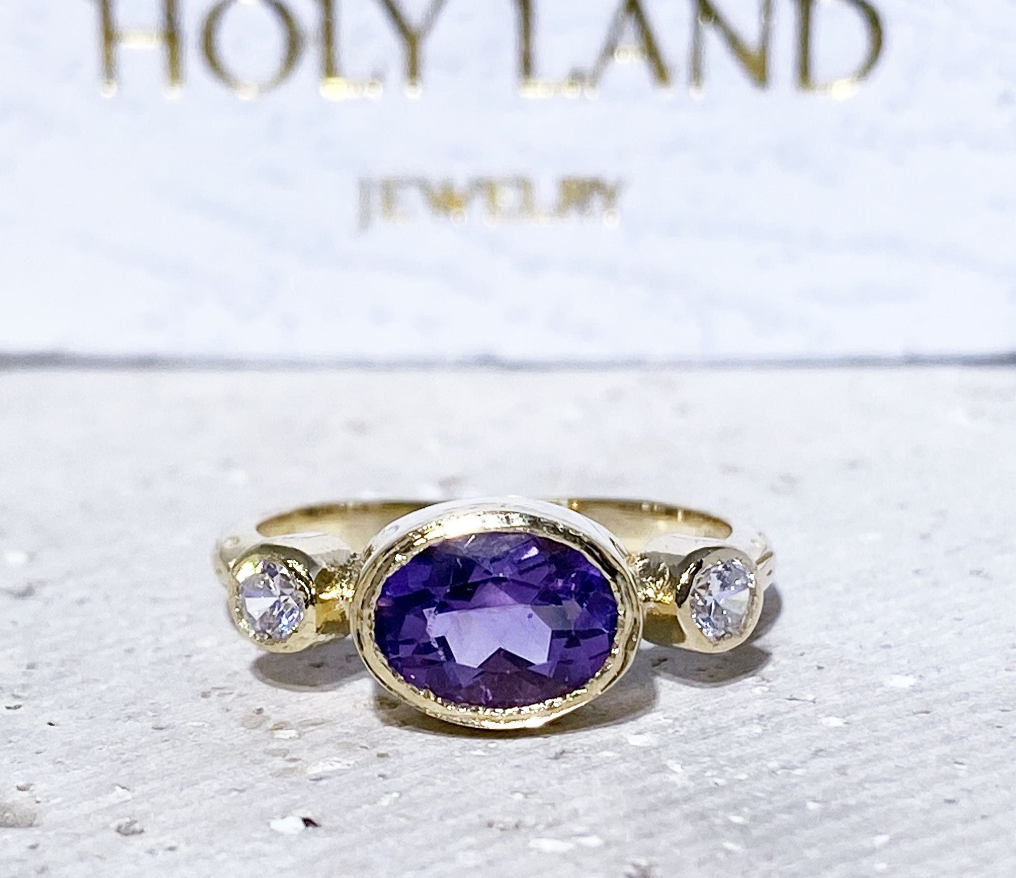 Amethyst Ring - February Birthstone - Oval Amethyst Ring with Clear Quartz Accents