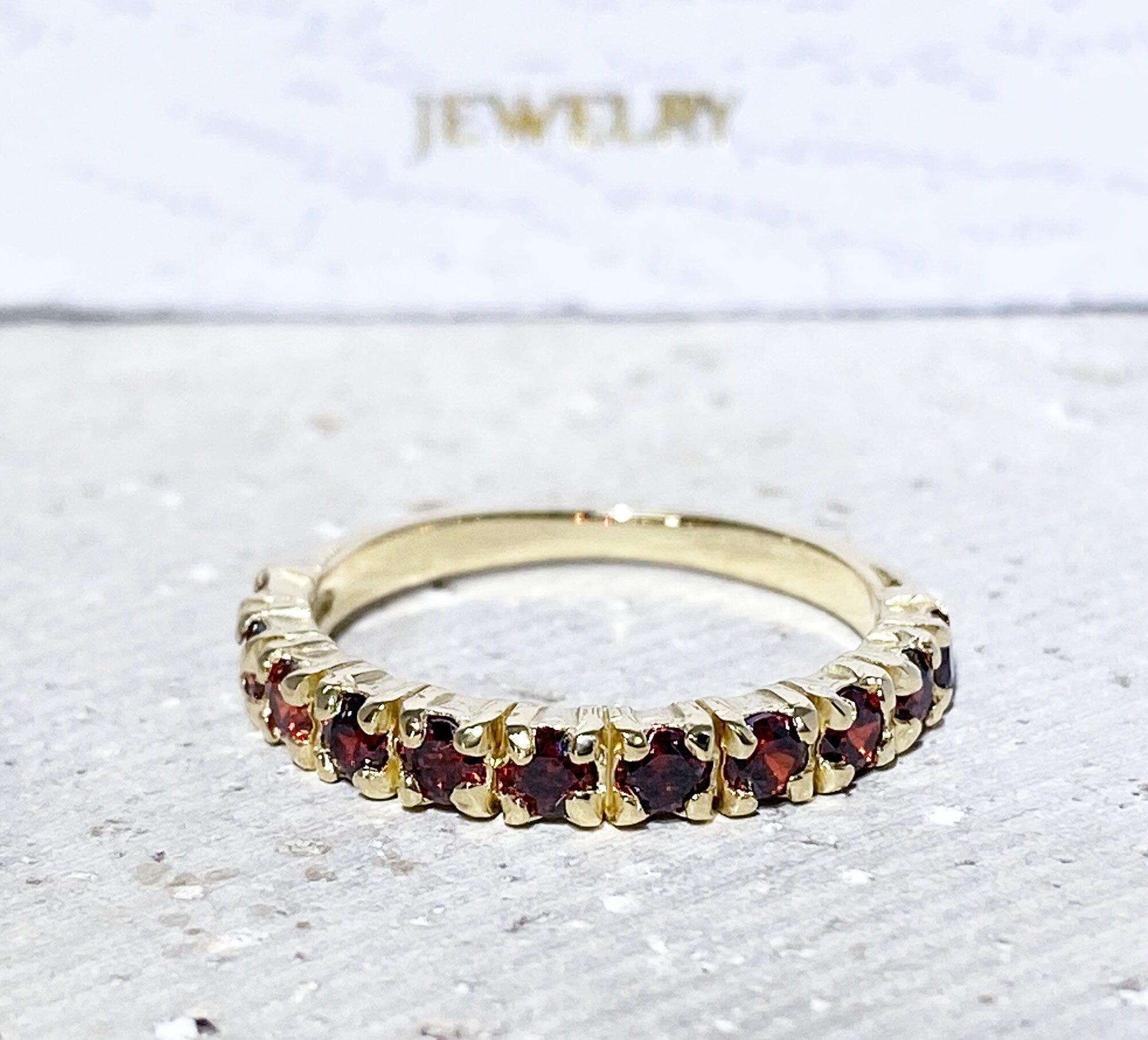 Red Garnet Ring - January Birthstone - Half Eternity Ring - Stacking Ring - Gold Ring - Gemstone Band - Simple Ring