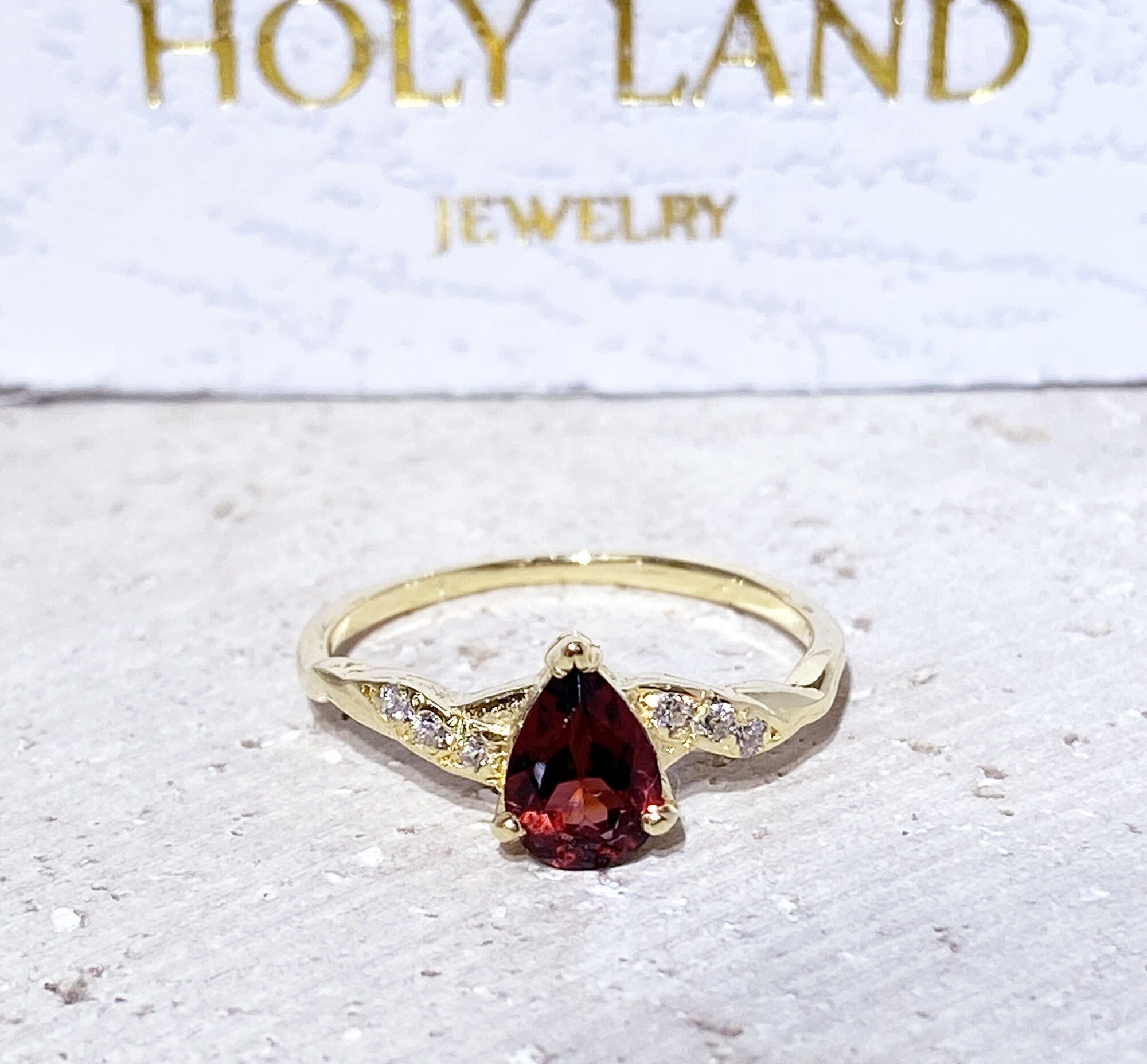 Red Garnet Ring - Gemstone Ring - Prong Ring - Stacking Ring - January Birthstone - Teardrop Ring