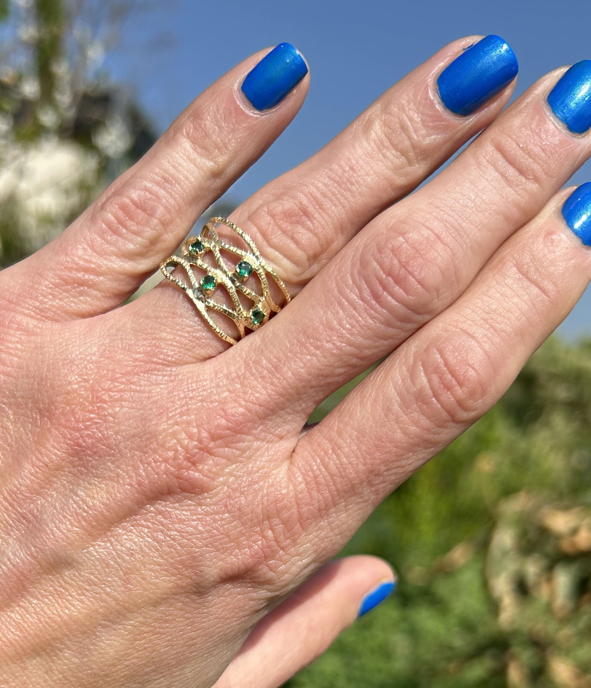 Blue Turquoise Ring - December Birthstone - Hammered Ring with Four Round Blue Turquoise Gemstones