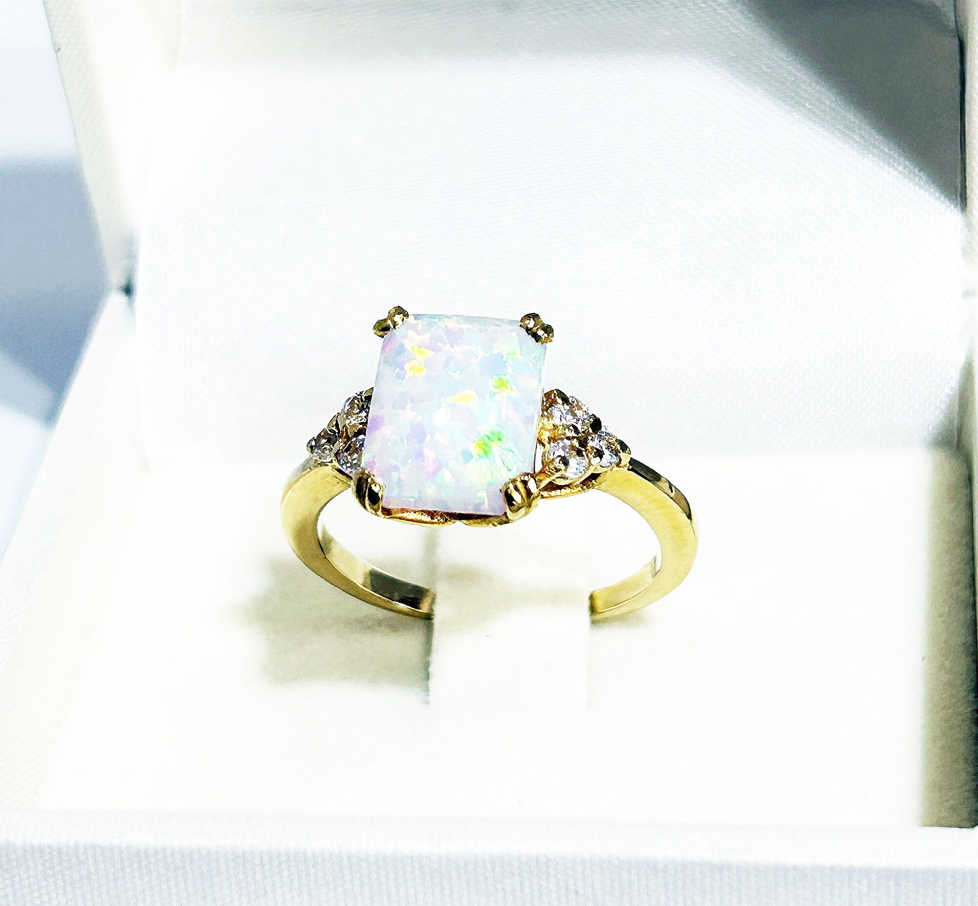 White Opal Ring - Octagon White Opal Gemstone Statement Engagement Ring with Clear Quartz Accents