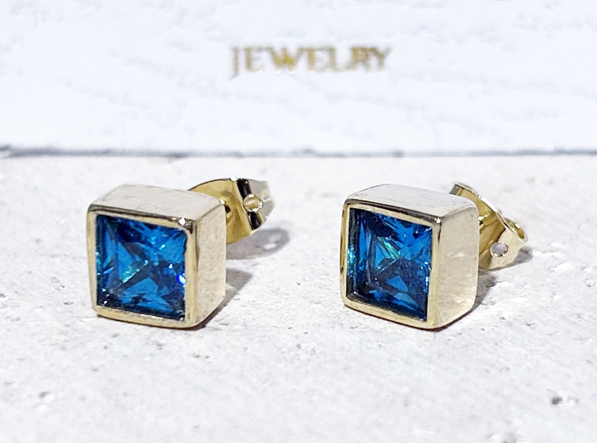 December Birthstone Jewelry - Blue Topaz Earrings - Square Earrings - Post Earrings - Delicate Studs - Simple Earrings