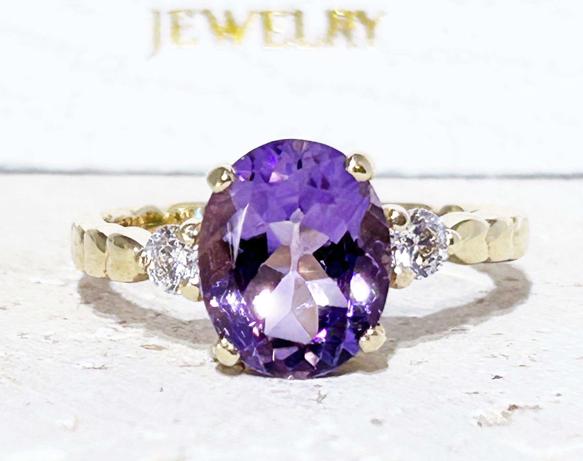 Amethyst Ring - February Birthstone - Oval Amethyst Ring with Clear Quartz Accents