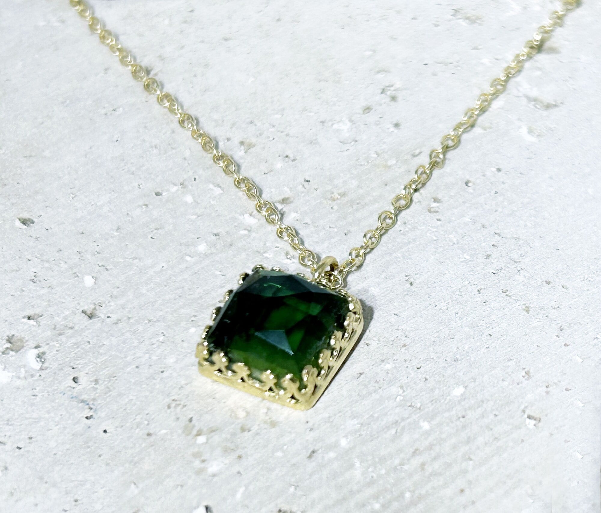 Green Tourmaline Necklace - Square Green Tourmaline Necklace on Delicate Chain