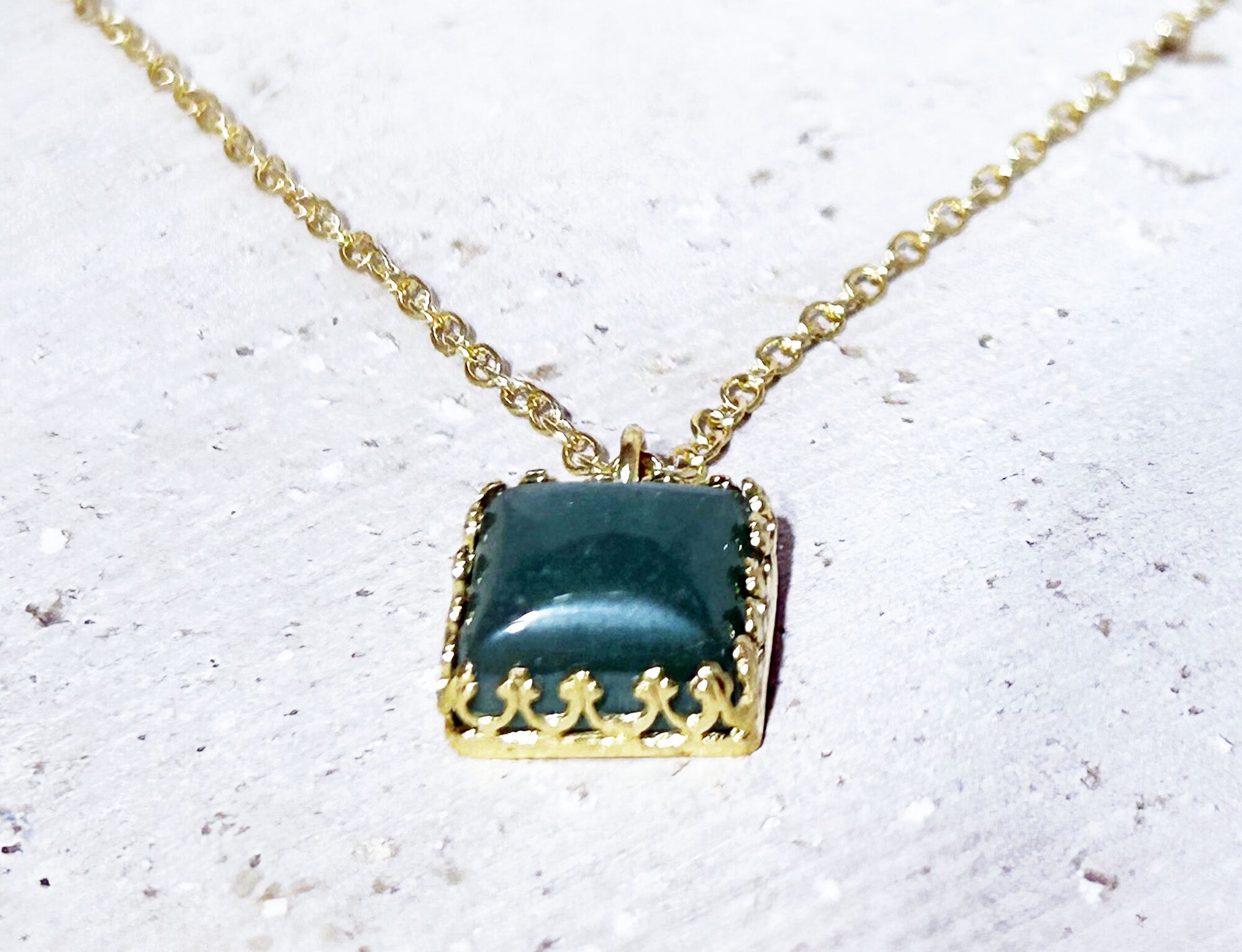 Green Agate Necklace - Square Green Agate Necklace on Delicate Chain