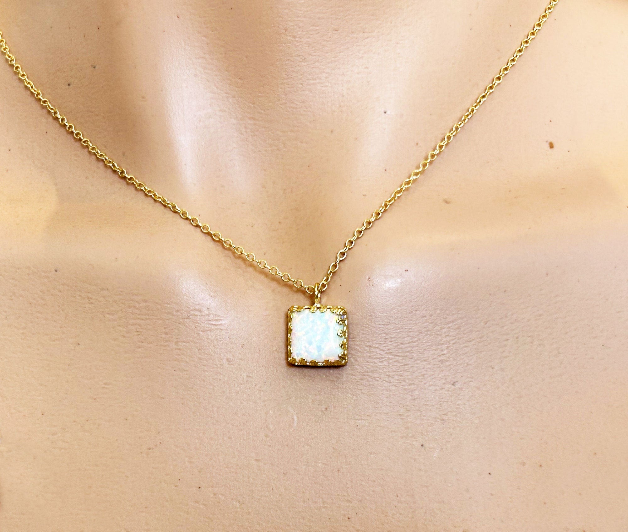 White Opal Necklace - Square White Opal Gemstone Necklace on Delicate Chain