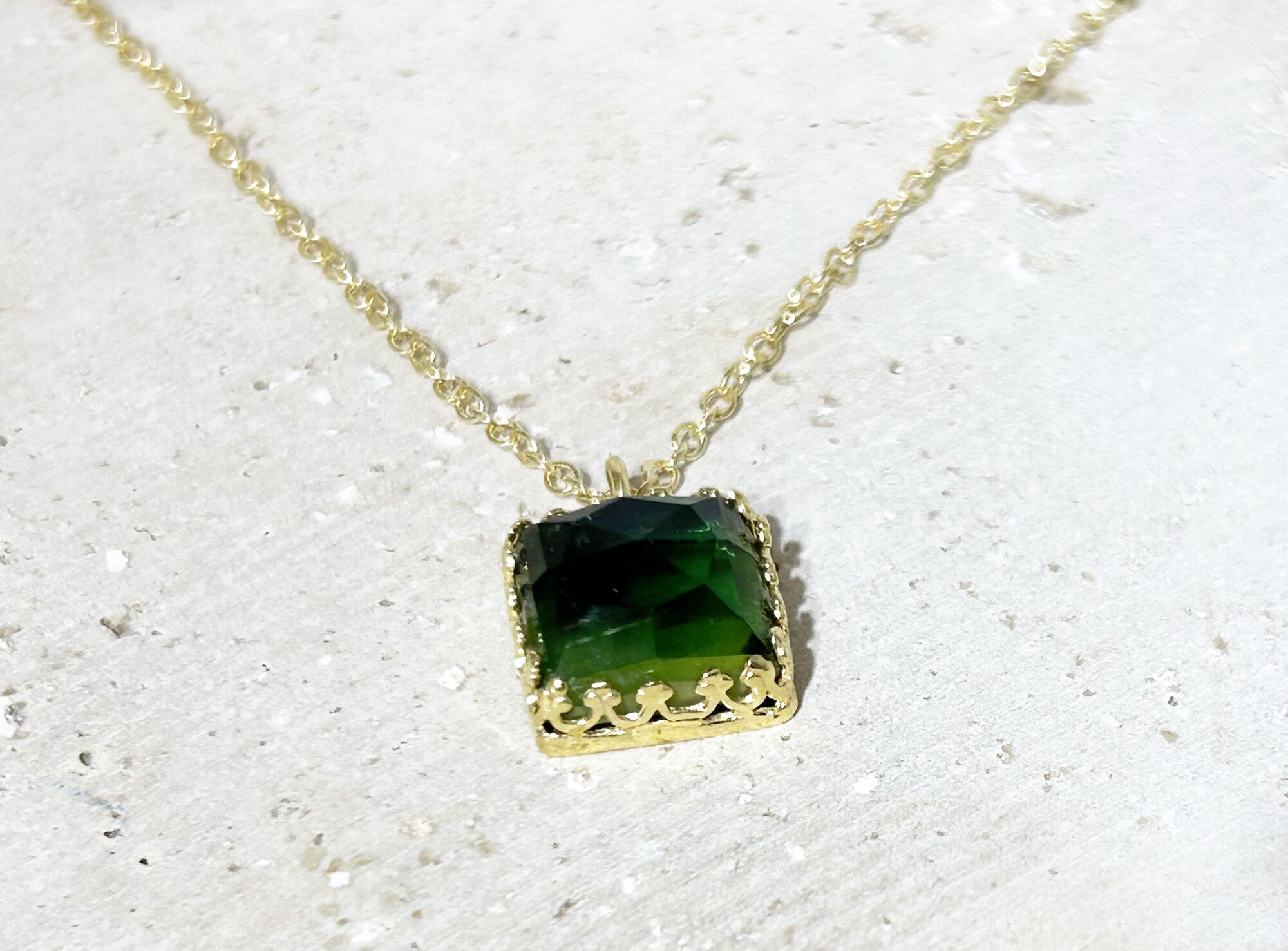 Green Tourmaline Necklace - Square Green Tourmaline Necklace on Delicate Chain