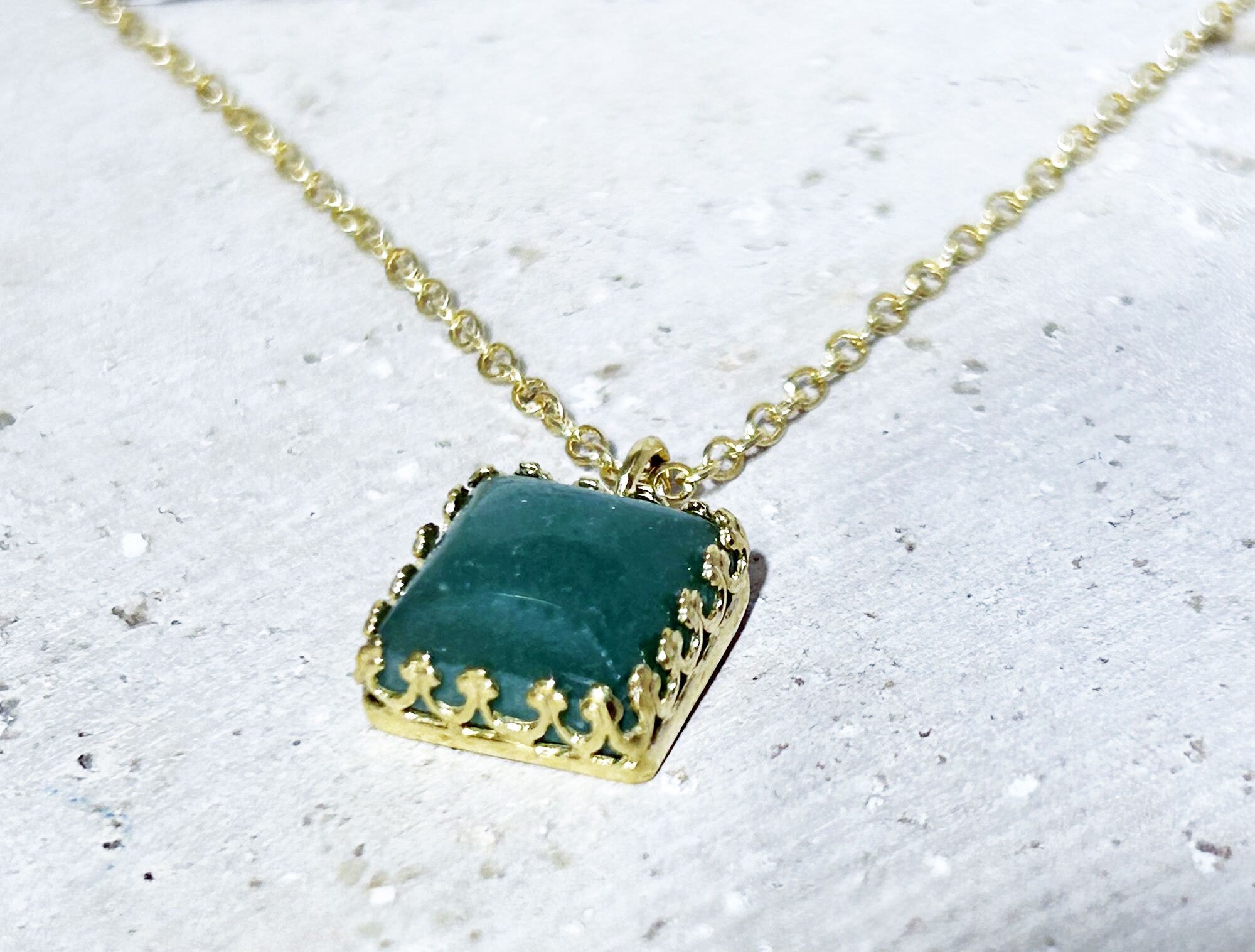 Green Agate Necklace - Square Green Agate Necklace on Delicate Chain