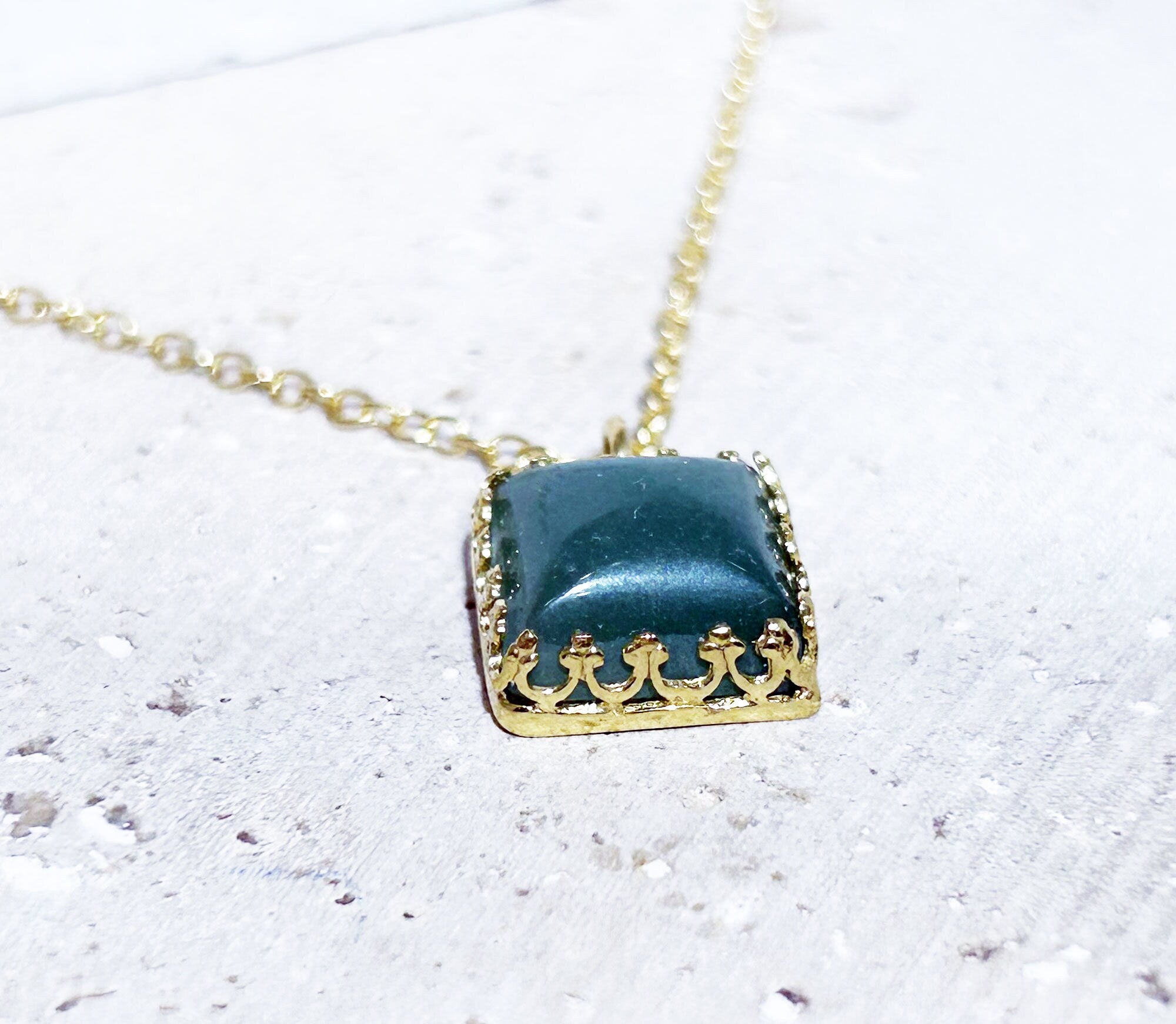 Green Agate Necklace - Square Green Agate Necklace on Delicate Chain