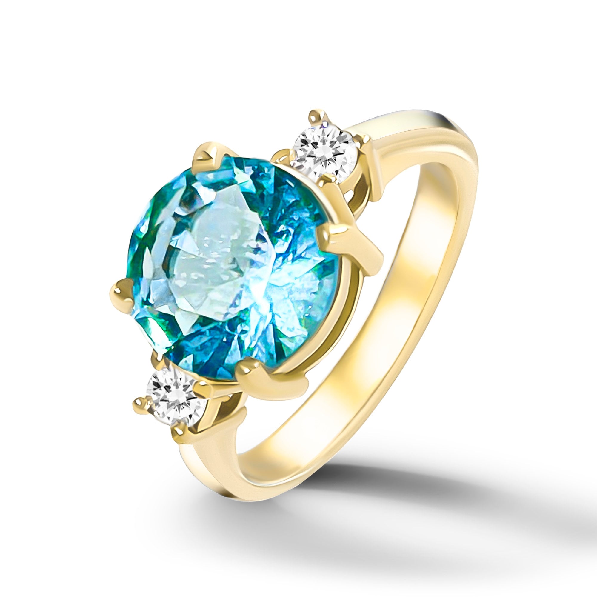 This gorgeous and elegant women&#39;s ring features a round-cut blue topaz gemstone with two round-cut dazzling clear quartz. This beautiful ring is enhanced with a high polish finish.