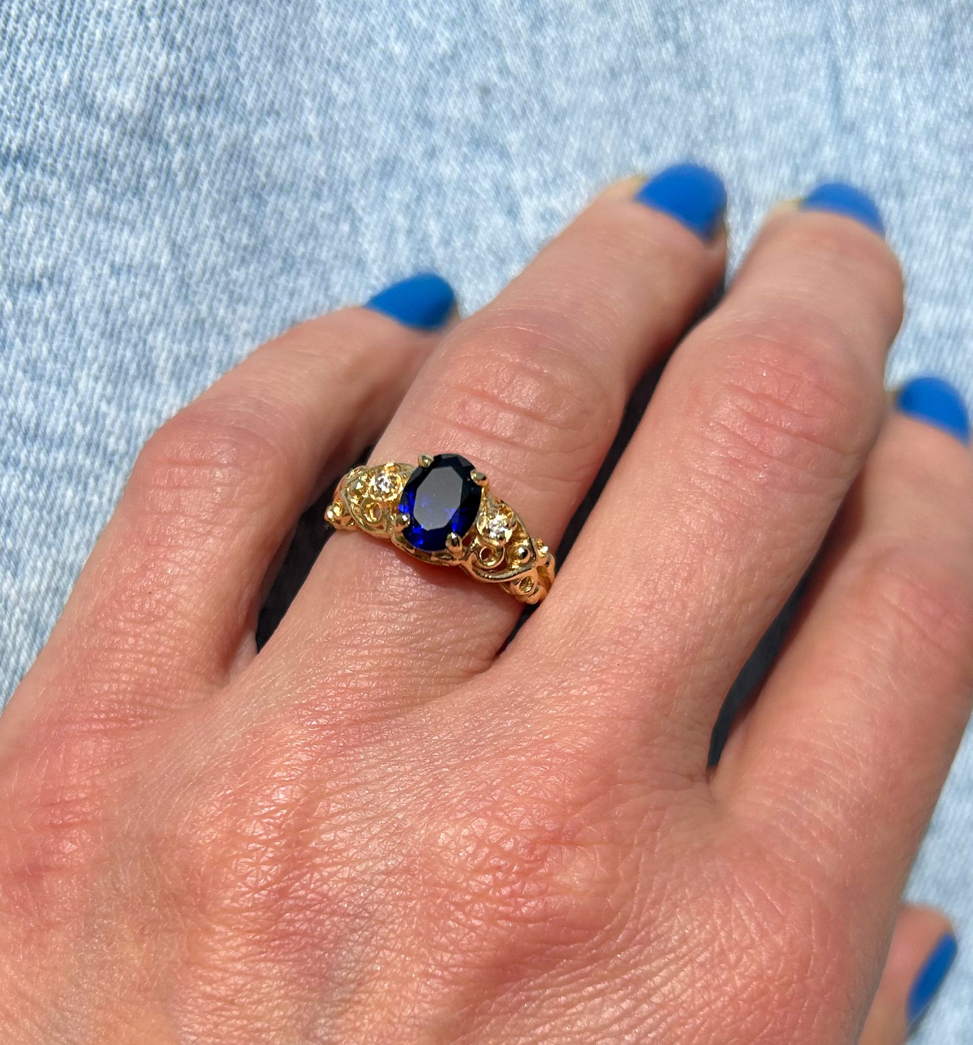 Blue Sapphire Ring - September Birthstone - Oval Blue Sapphire Gemstone Lace Ring with Clear Quartz Accents