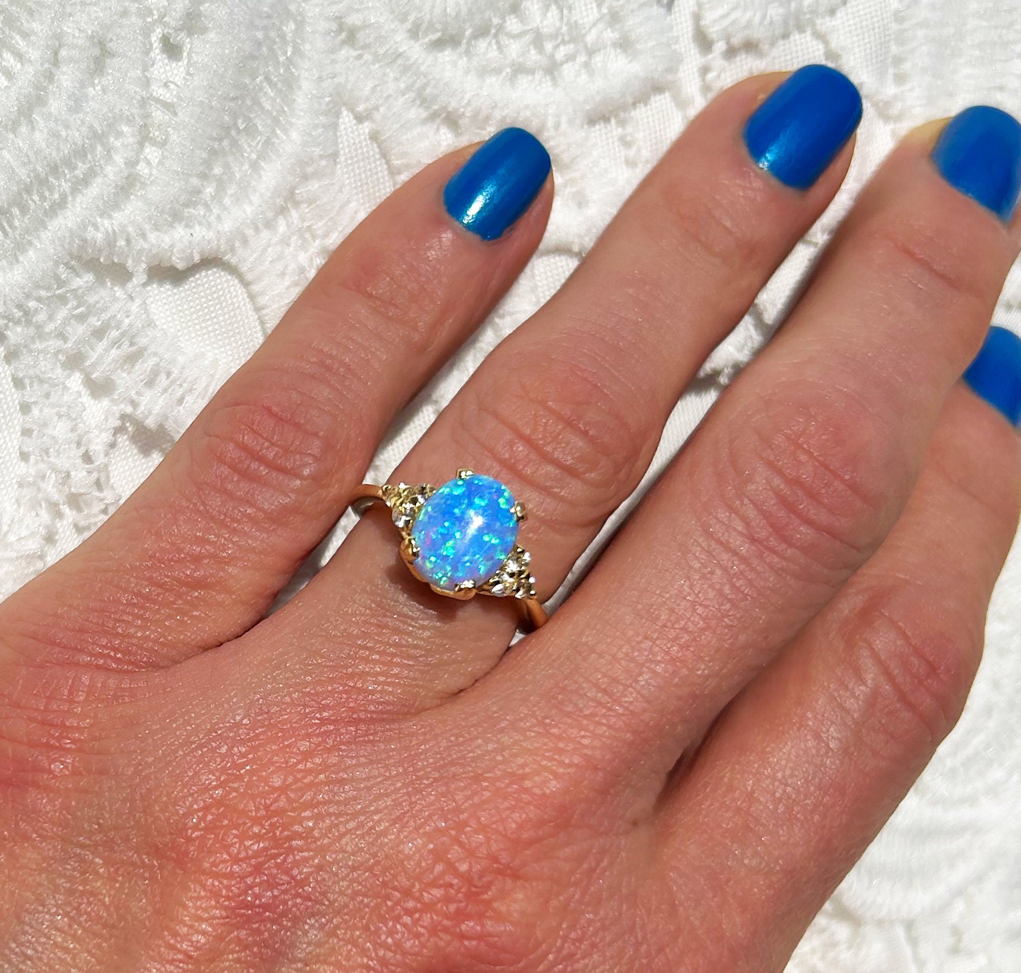 Blue Opal Ring - October Birthstone - Oval Blue Opal Gemstone Statement Engagement Ring with Clear Quartz Accents