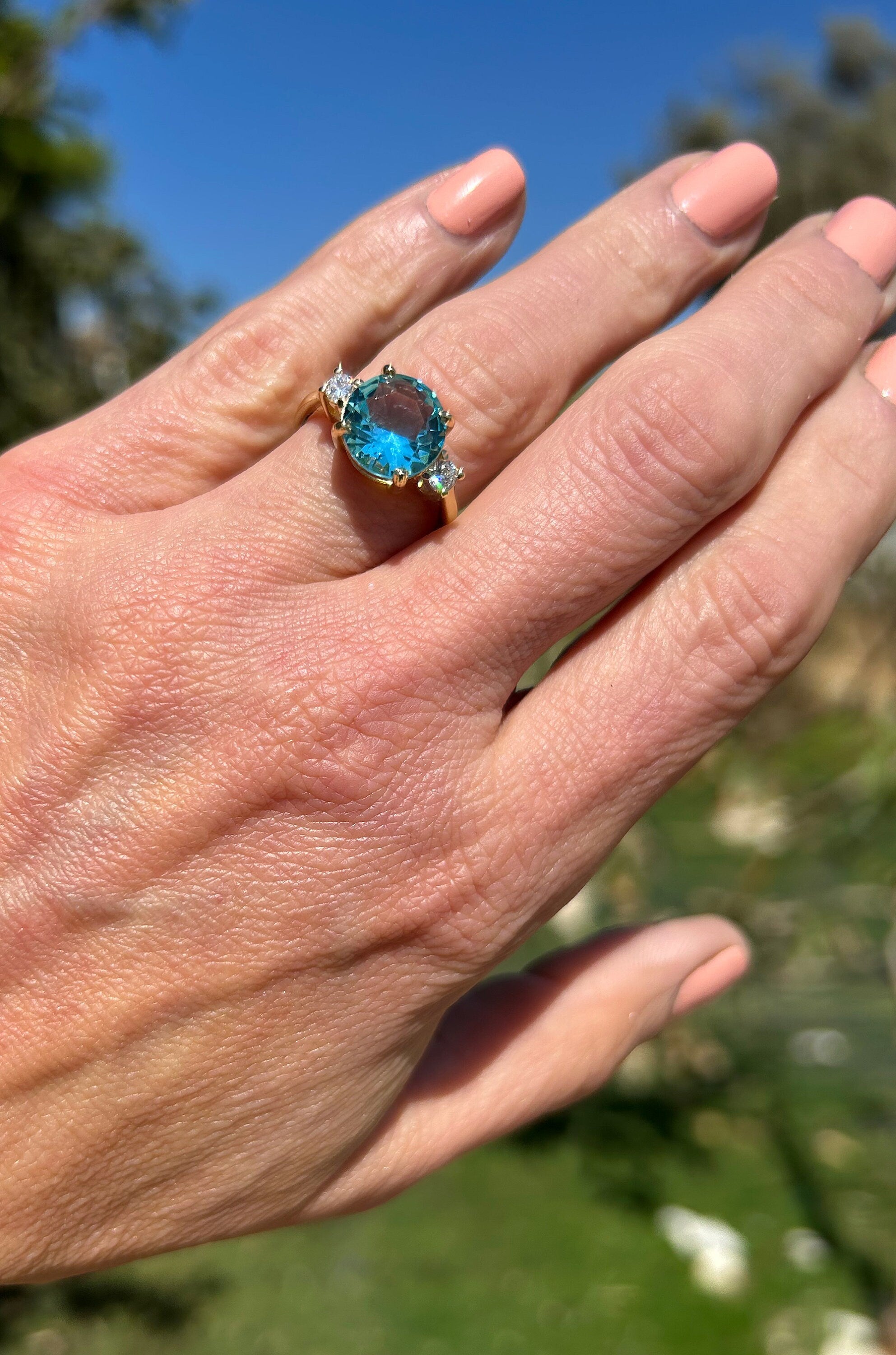 Blue Topaz Ring - December Birthstone - Gemstone Band - Gold Ring - Engagement Ring - Round Ring - Cocktail Ring - Prong Ring