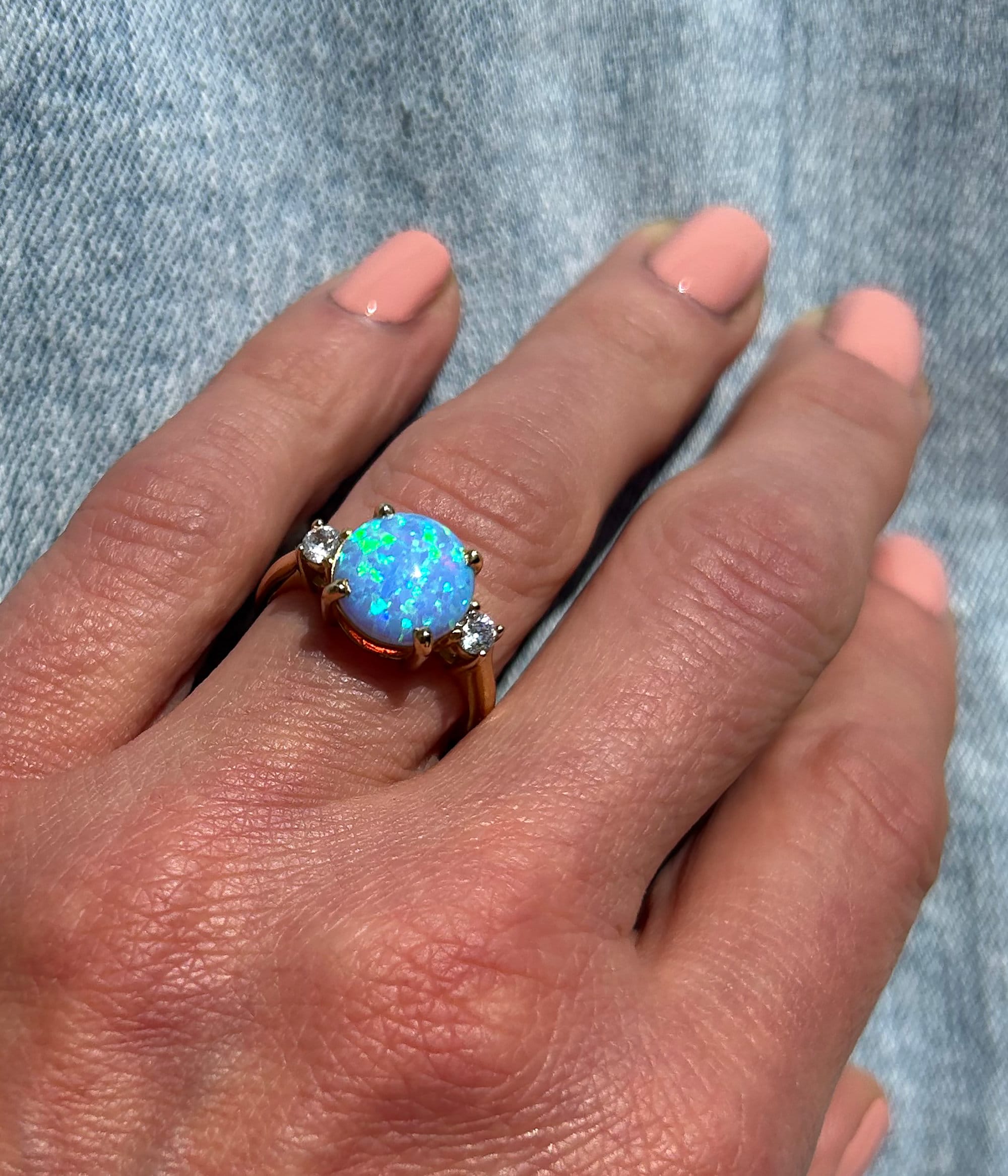 Blue Opal Ring - Gold Ring - Engagement Ring - Prong Ring - Round Ring - Cocktail Ring - Statement Ring - Opal Jewelry - October Birthstone