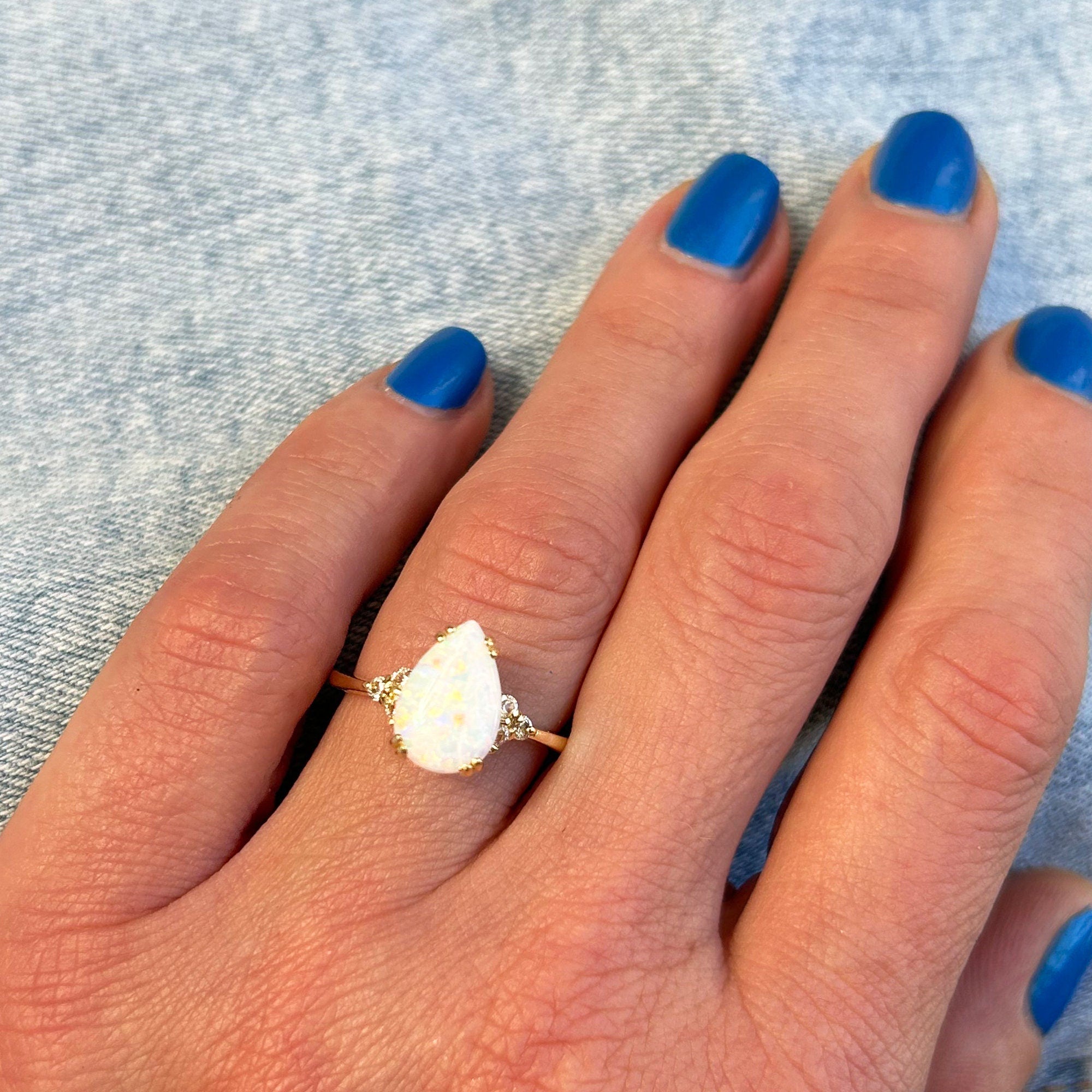 White Opal Ring - Pear-Shaped White Opal Gemstone Statement Engagement Ring with Clear Quartz Accents