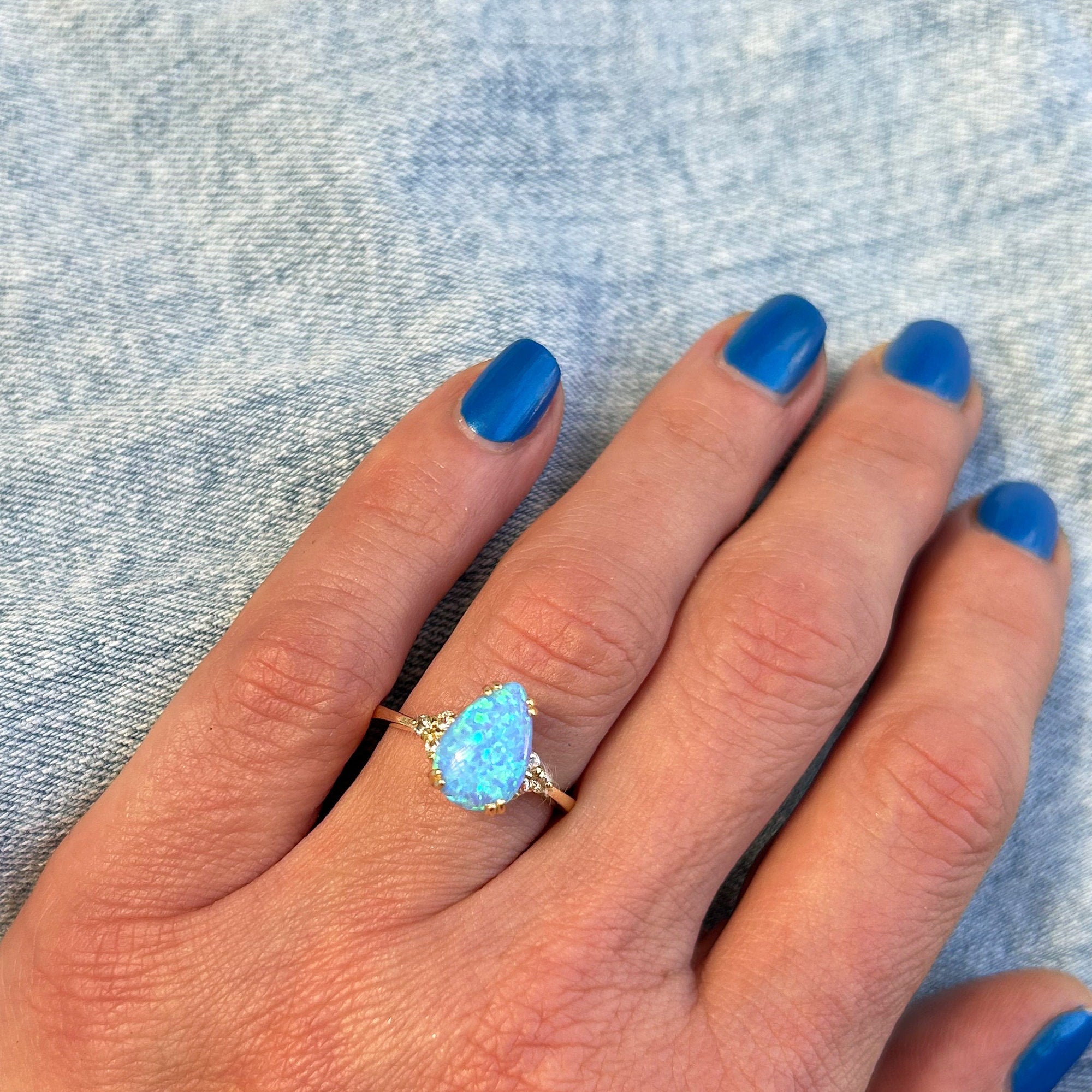 Blue Opal Ring - October Birthstone - Pear-Shaped Blue Opal Gemstone Statement Engagement Ring with Clear Quartz Accents