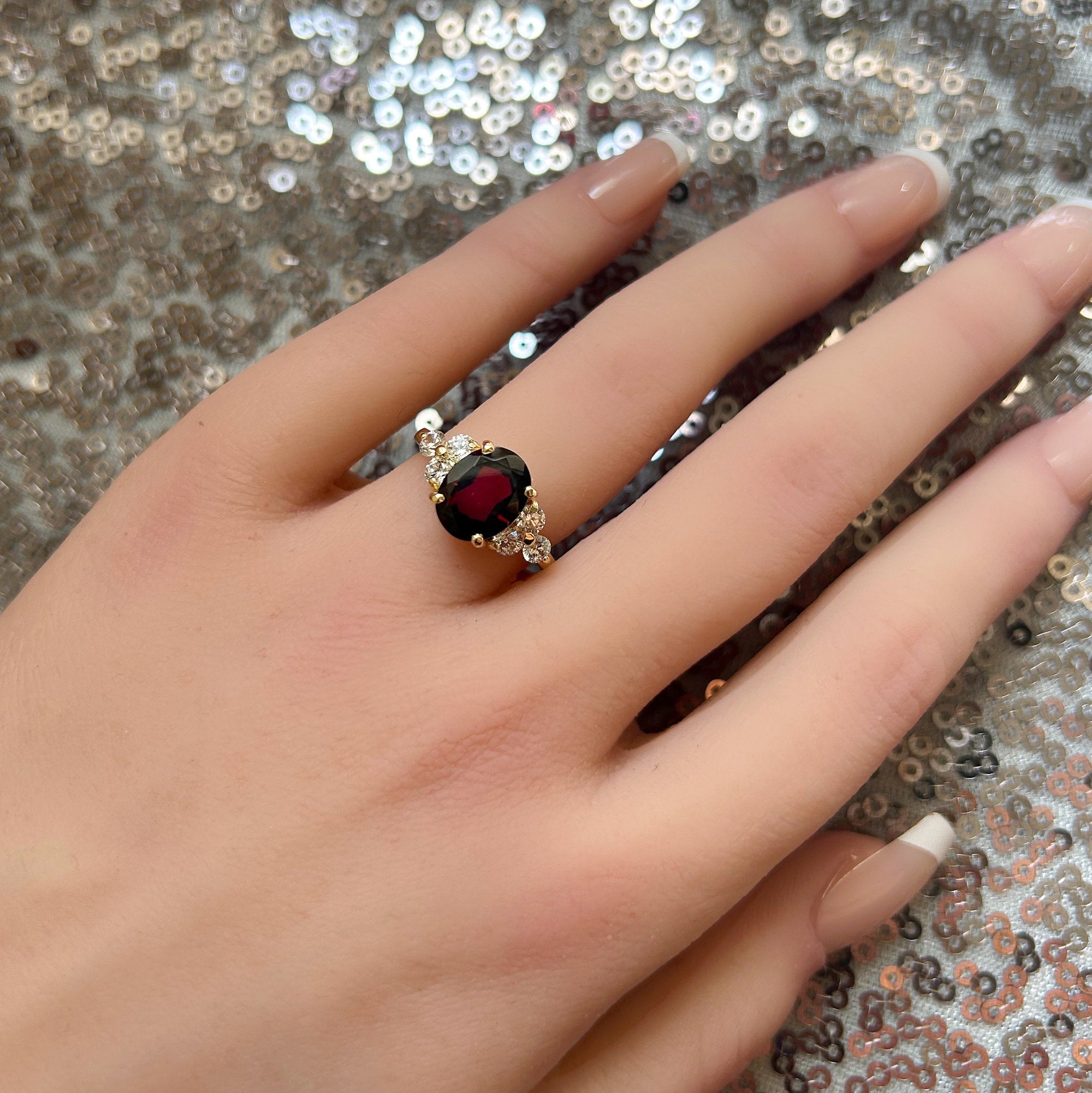 Red Garnet Ring - January Birthstone - Oval Red Garnet Gemstone Statement Engagement Ring with Clear Quartz Accents