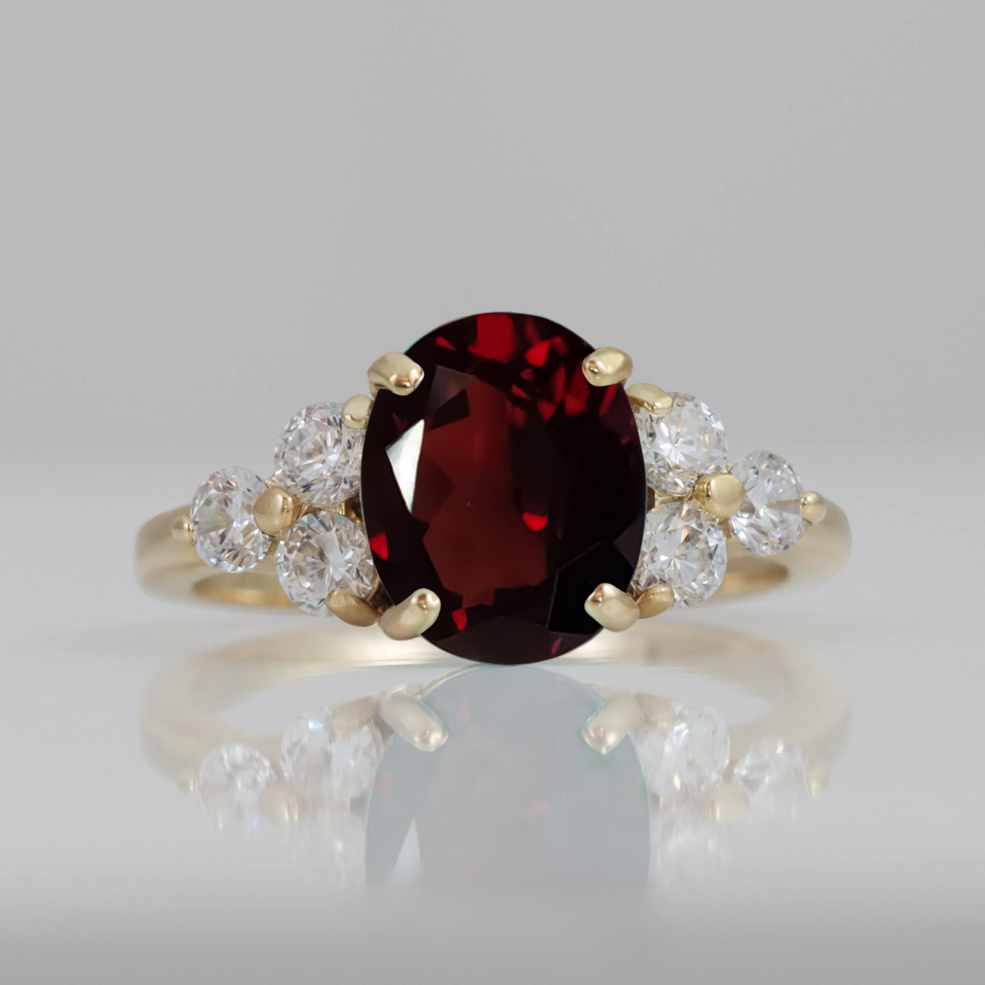 Red Garnet Ring - January Birthstone - Oval Red Garnet Gemstone Statement Engagement Ring with Clear Quartz Accents